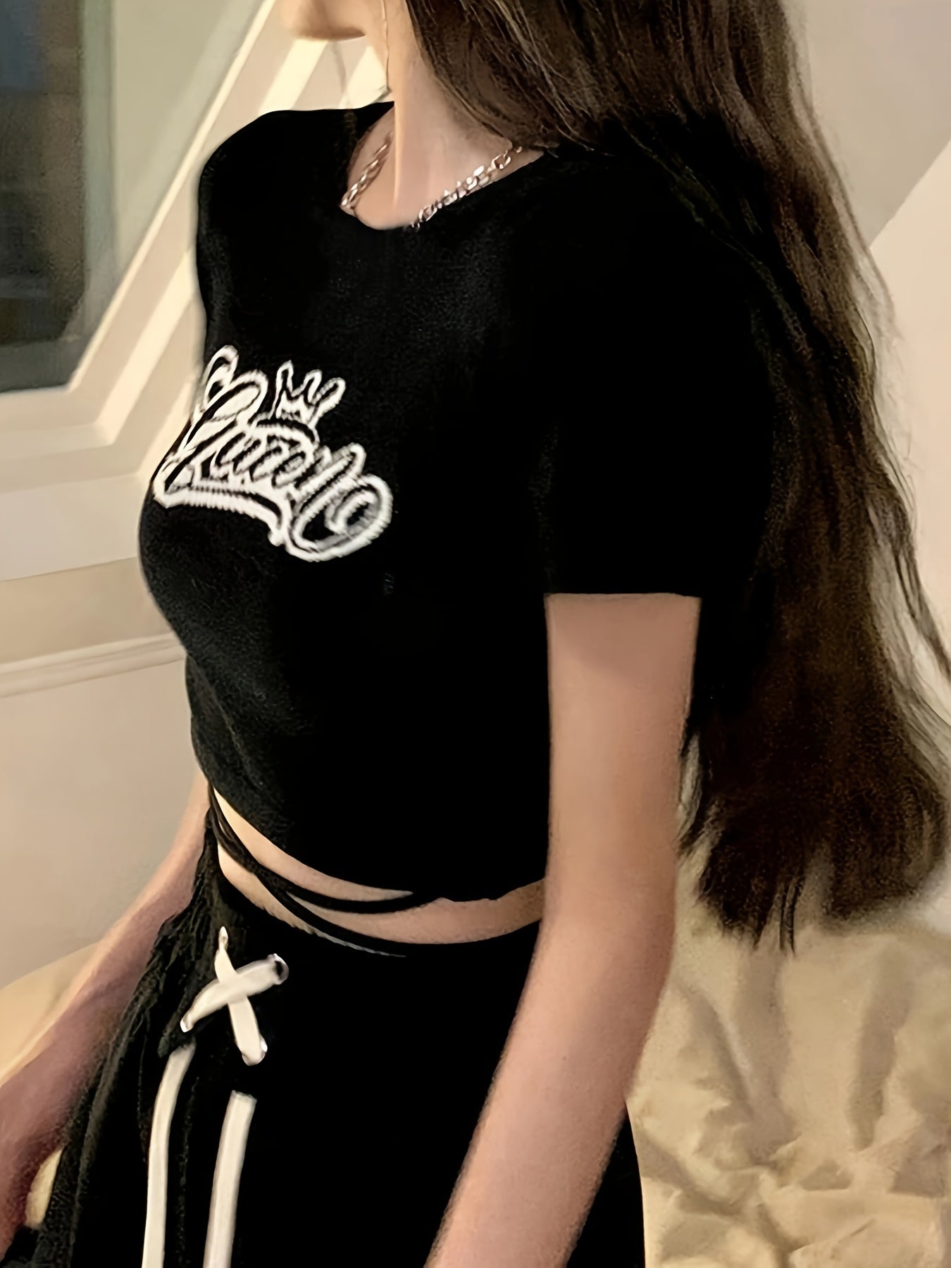 Antmvs Letter Print Crew Neck Crop Tee, Y2K Short Sleeve Tied Top For Spring & Summer, Women's Clothing