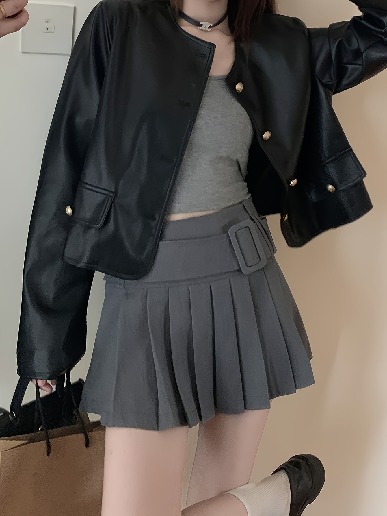Antmvs Solid Button Front Crew Neck Coat, Elegant Long Sleeve Jacket For Every Day, Women's Clothing