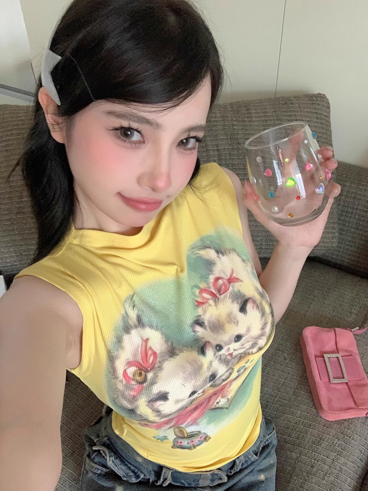 Antmvs Willa Solid Color Graphic Cat Image Print Slim Summer Cropped Top