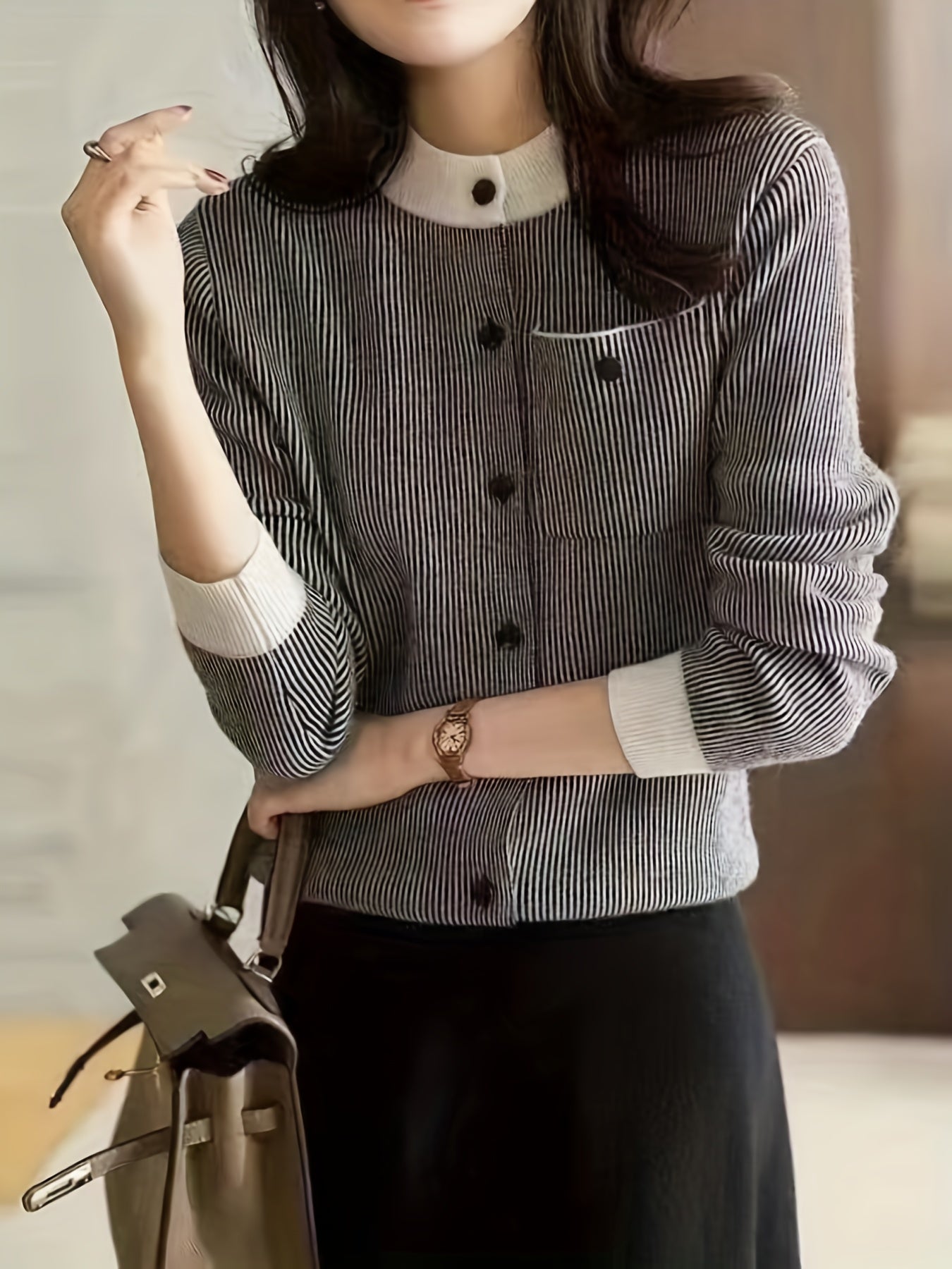 Antmvs Striped Button Up Knit Cardigan, Vintage Long Sleeve Crew Neck Sweater With Pocket, Women's Clothing