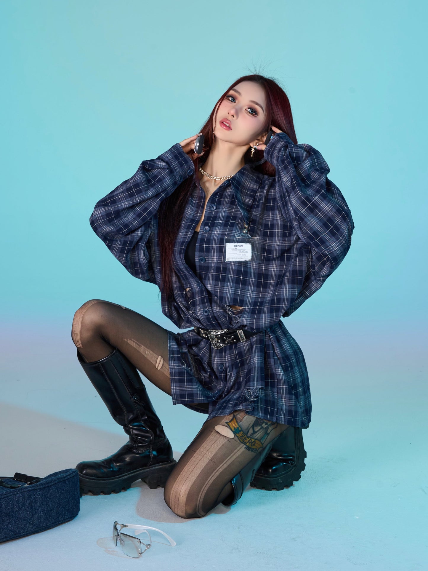 Antmvs Keebly Blue Plaid Long Sleeve Distressed Boyfriend Button Up Shirt Top