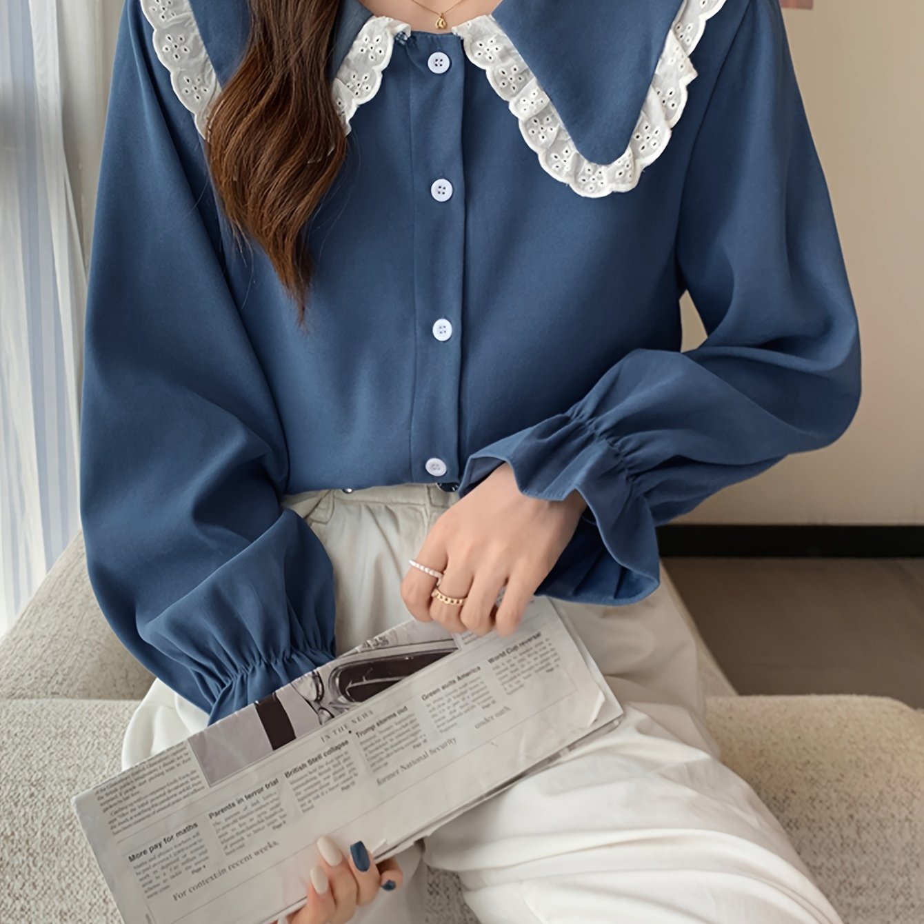 Antmvs Eyelet Lace Stitching Peter Pan Collar Shirt, Sweet Long Sleeve Button Front Shirt For Spring & Fall, Women's Clothing