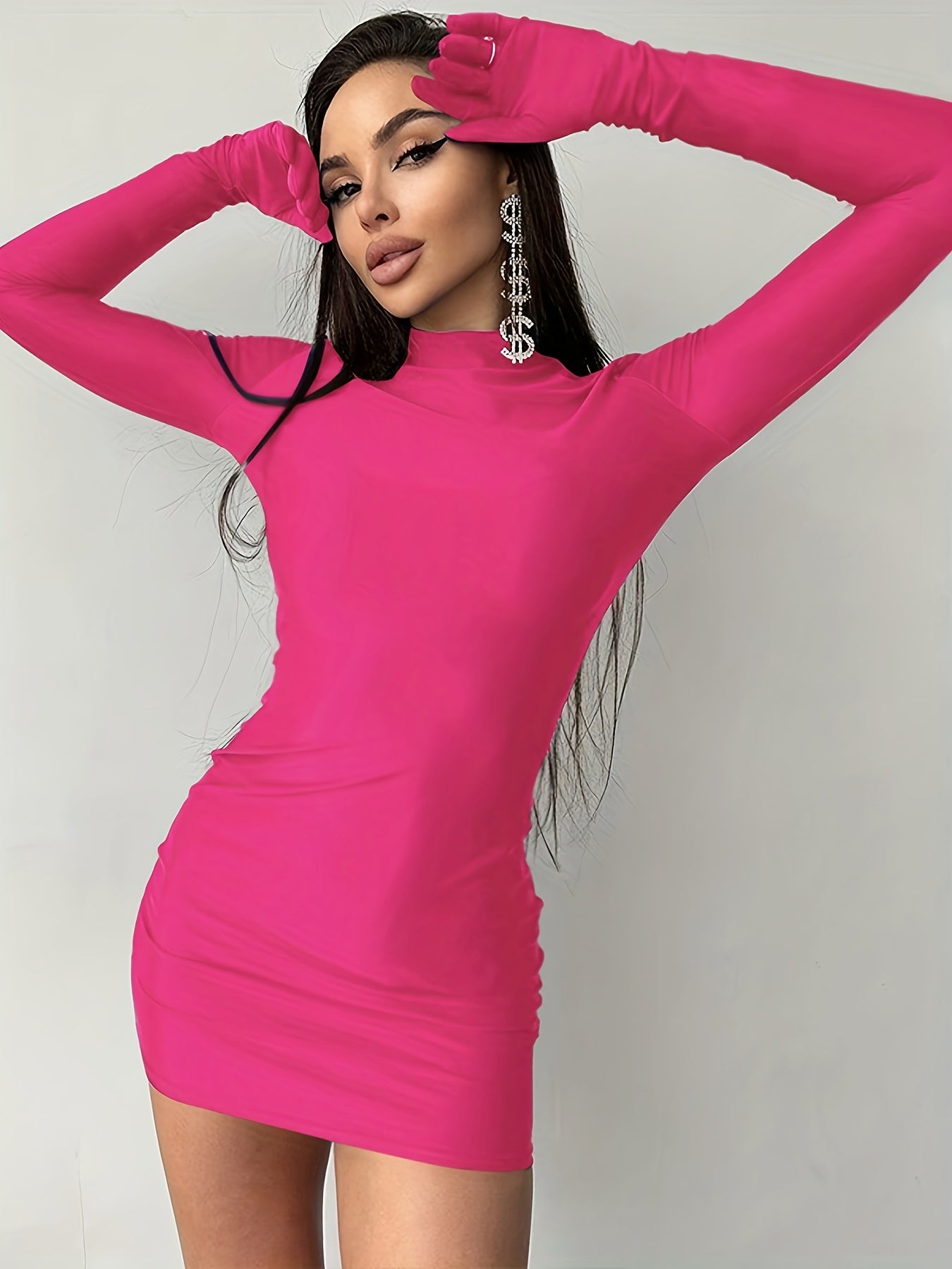 Antmvs Solid Bodycon Mini Dress, Club Wear Mock Neck Long Sleeve Dress, Women's Clothing