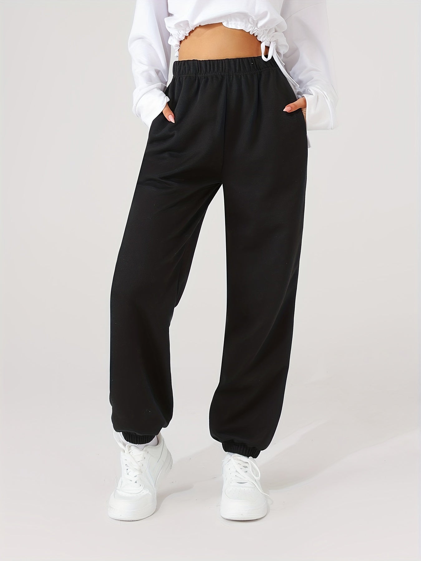 Antmvs Women's Elastic Solid Color High Waist Sweatpants Autumn And Winter, Comfortable Loose Workout Pocket Jogger Pants, Women's Activewear