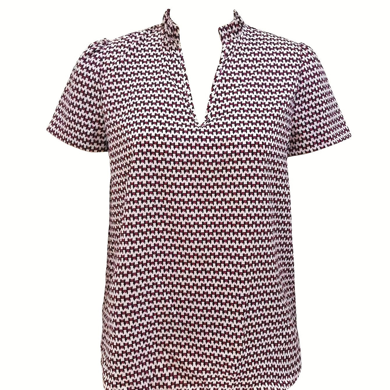 Antmvs Allover Print Notched Neck Blouse, Casual Short Sleeve Blouse For Spring & Summer, Women's Clothing