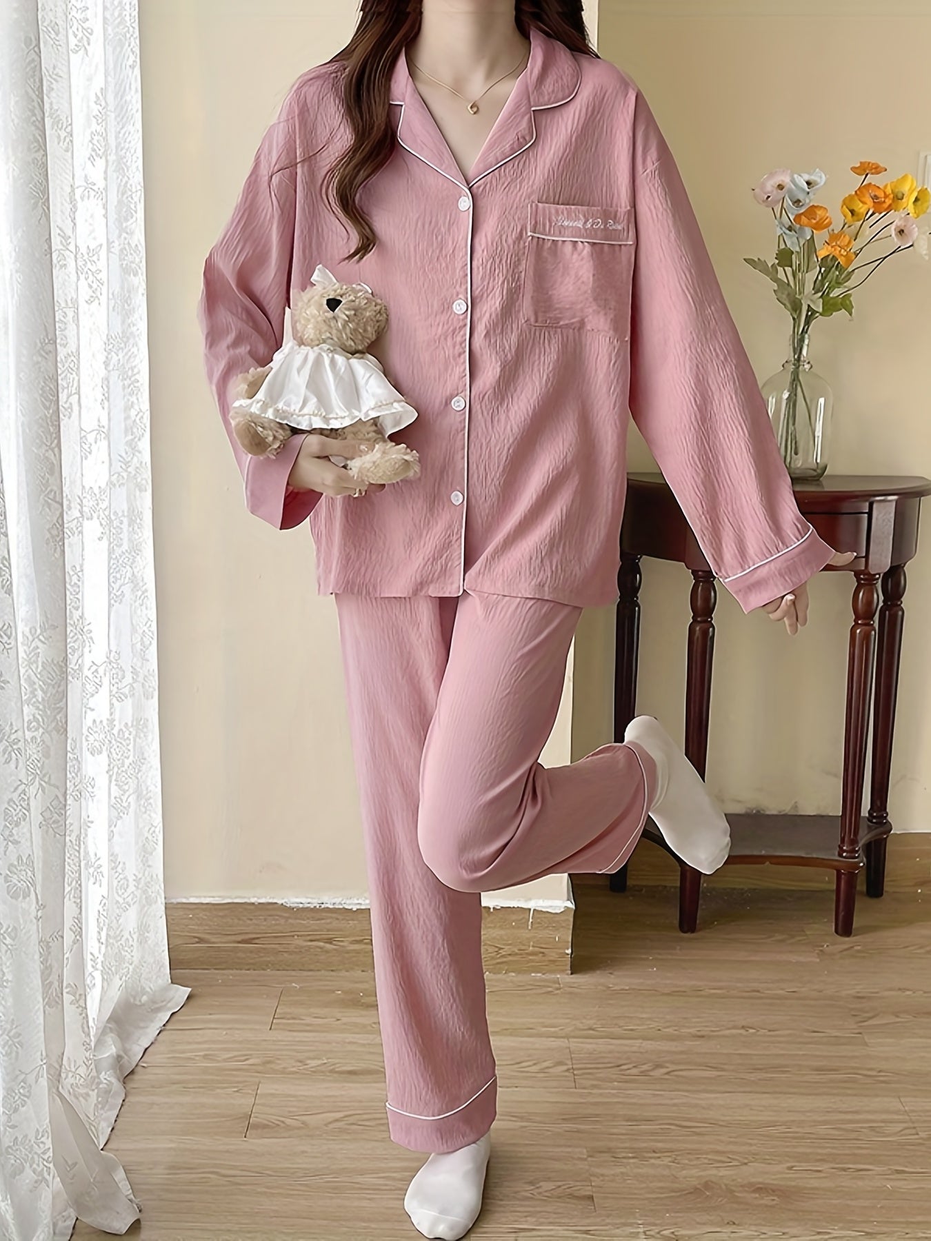 Antmvs Letter Print Lounge Set, Long Sleeve Buttons Top & Elastic Waistband Pants, Women's Loungewear & Sleepwear