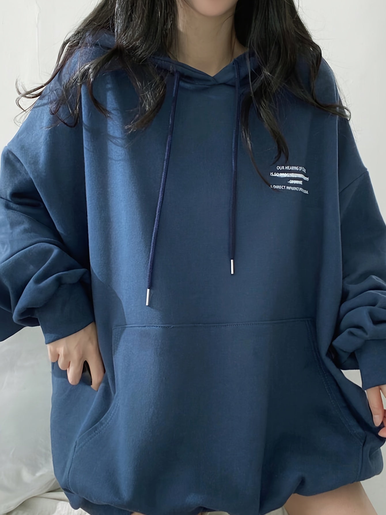 Antmvs Letter Print Drawstring Hoodie, Casual Long Sleeve Kangaroo Pocket Hoodie Sweatshirt, Women's Clothing