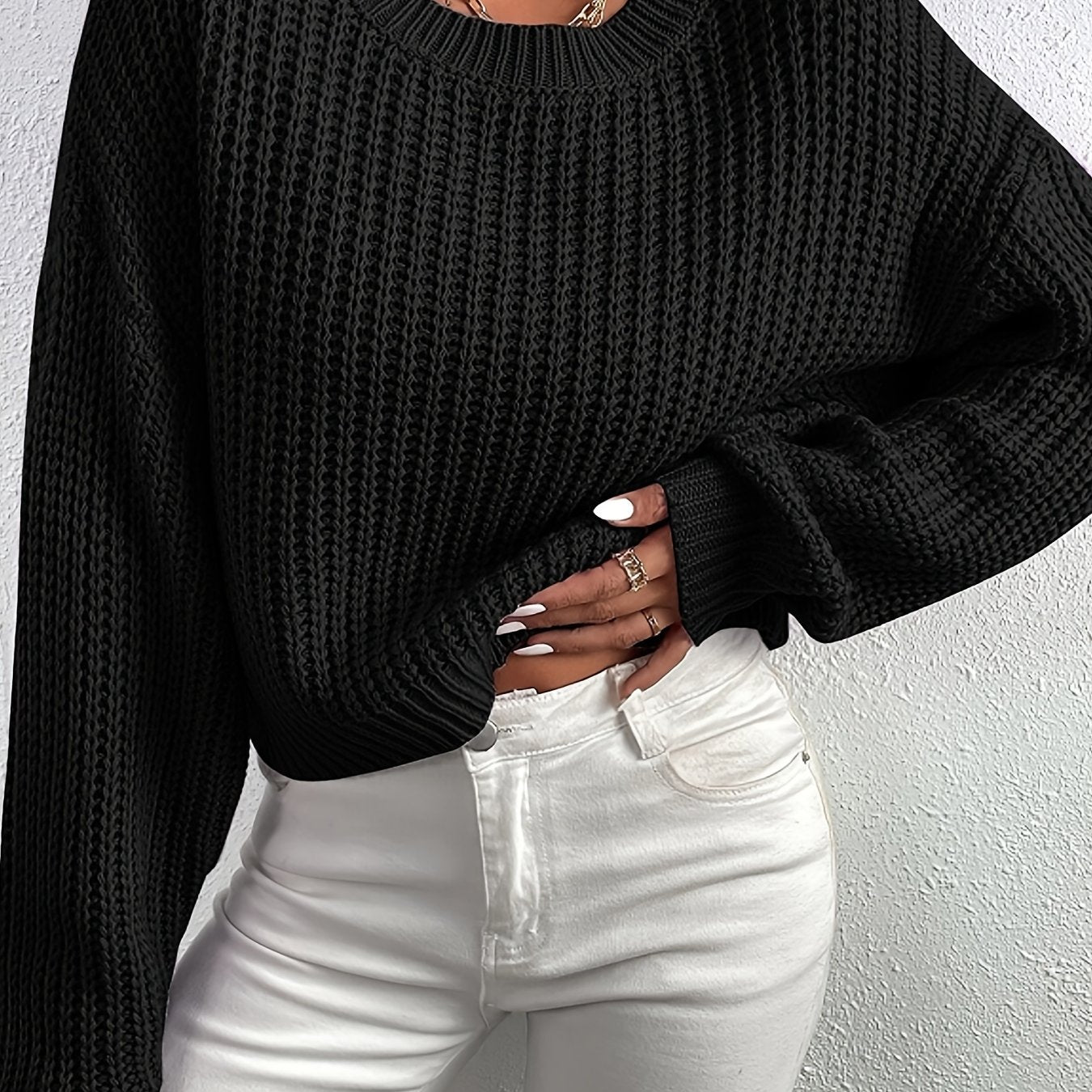 Antmvs Crew Neck Rib Knit Sweater, Casual Drop Shoulder Oversized Long Sleeve Loose Fall Winter Knit Sweater, Women's Clothing