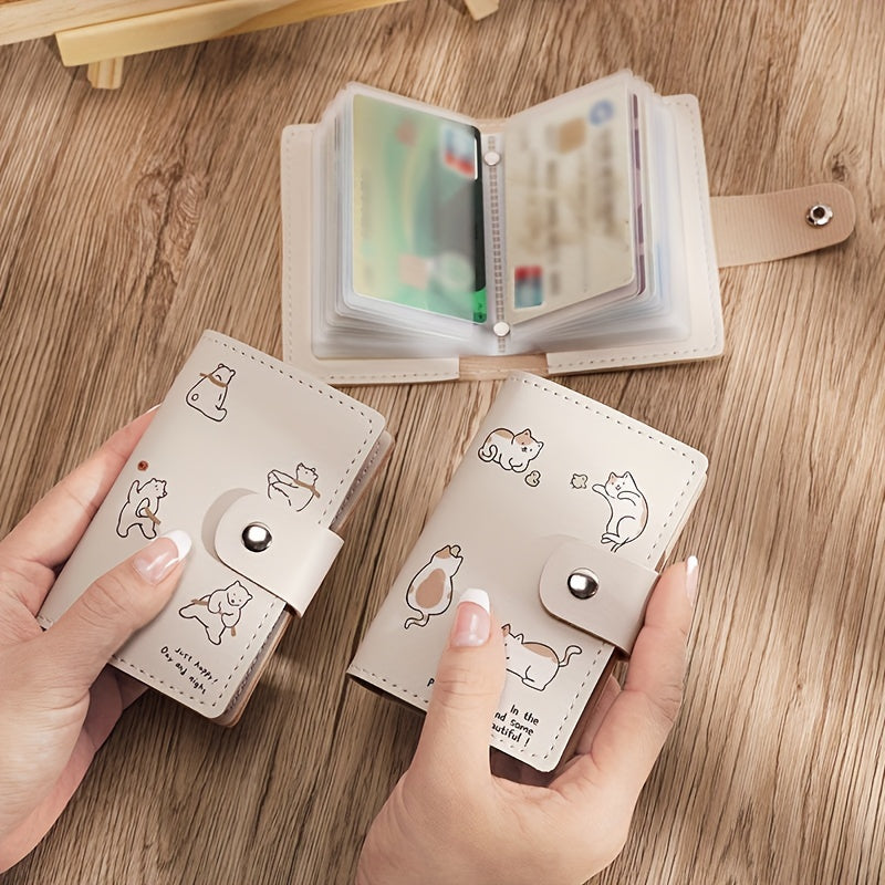 Kawaii Cartoon Cat Pattern Short Card Wallet, Cute Credit Card Holder With Flap Snap Button