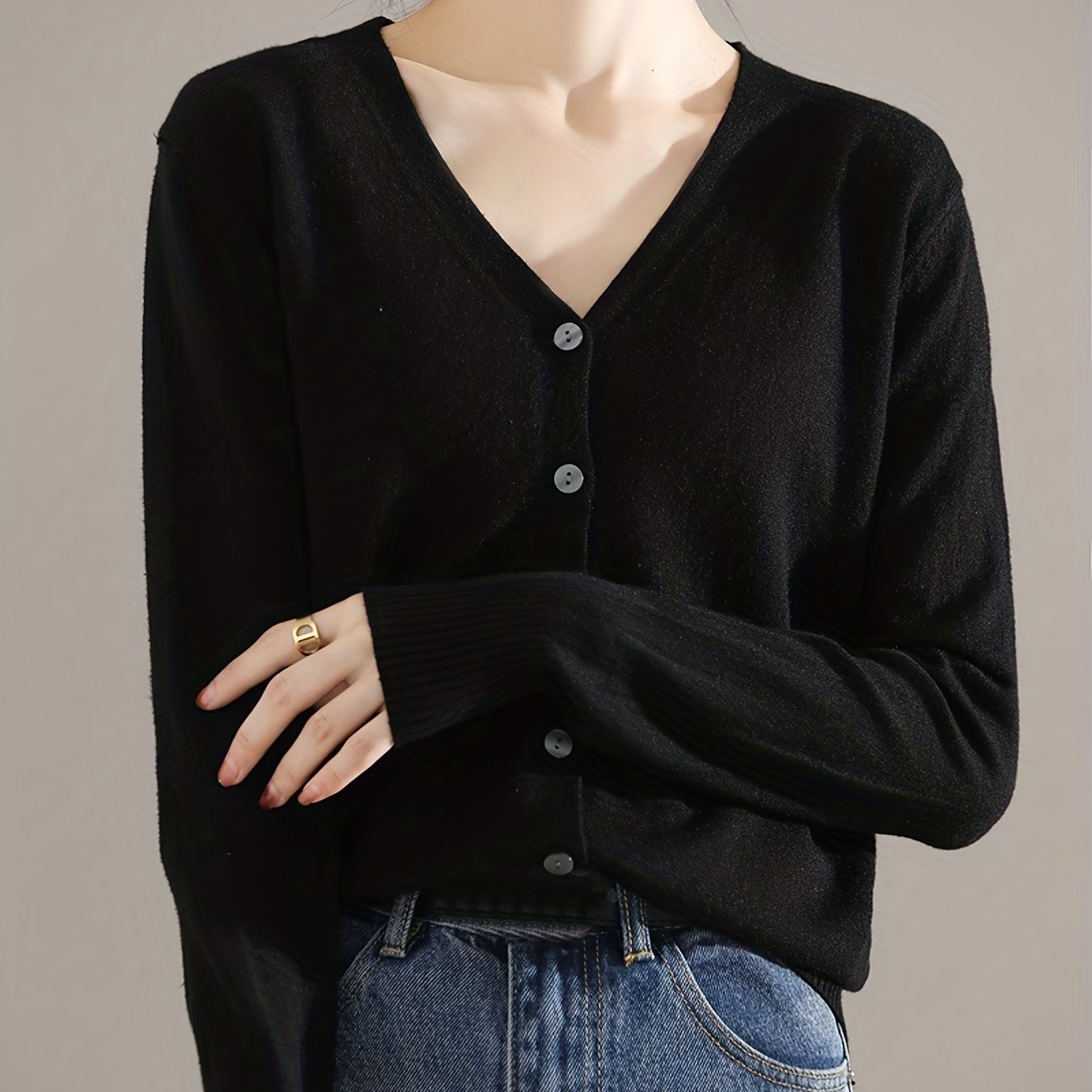 Antmvs Elegant V-neck Solid Cardigan, Long Sleeve Cardigan For Spring & Fall, Women's Clothing