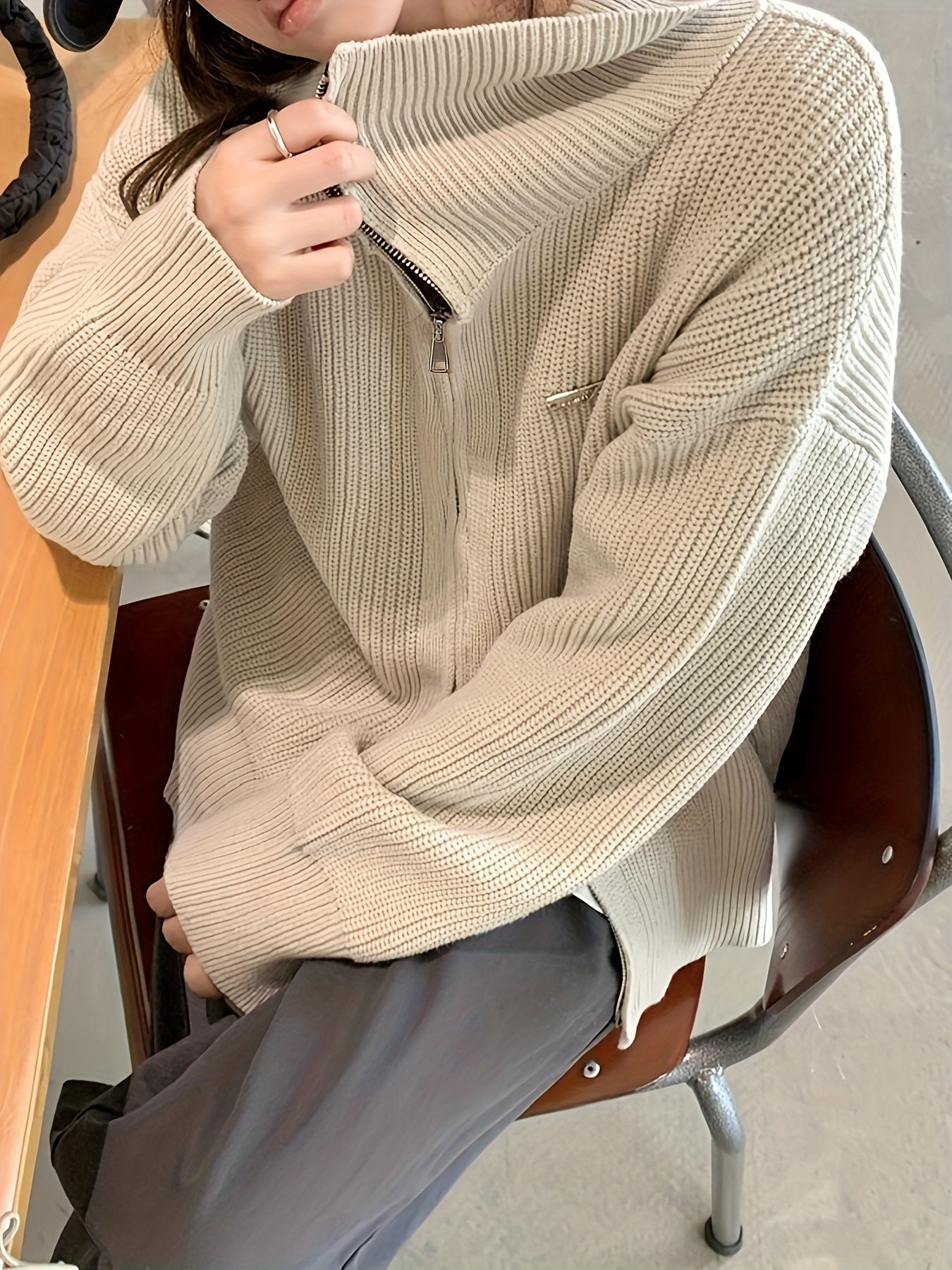 Antmvs Solid Zip Up Knit Cardigan, Casual Turndown Collar Long Sleeve Loose Sweater For Fall & Winter, Women's Clothing