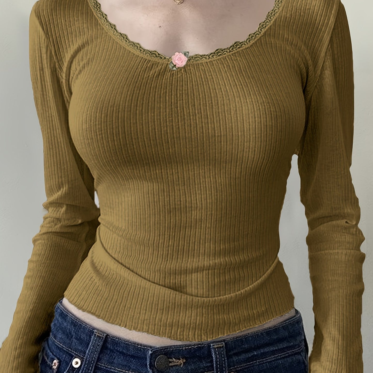 Antmvs Lace Trim Ribbed Crew Neck T-Shirt, Casual Long Sleeve Top For Spring & Fall, Women's Clothing