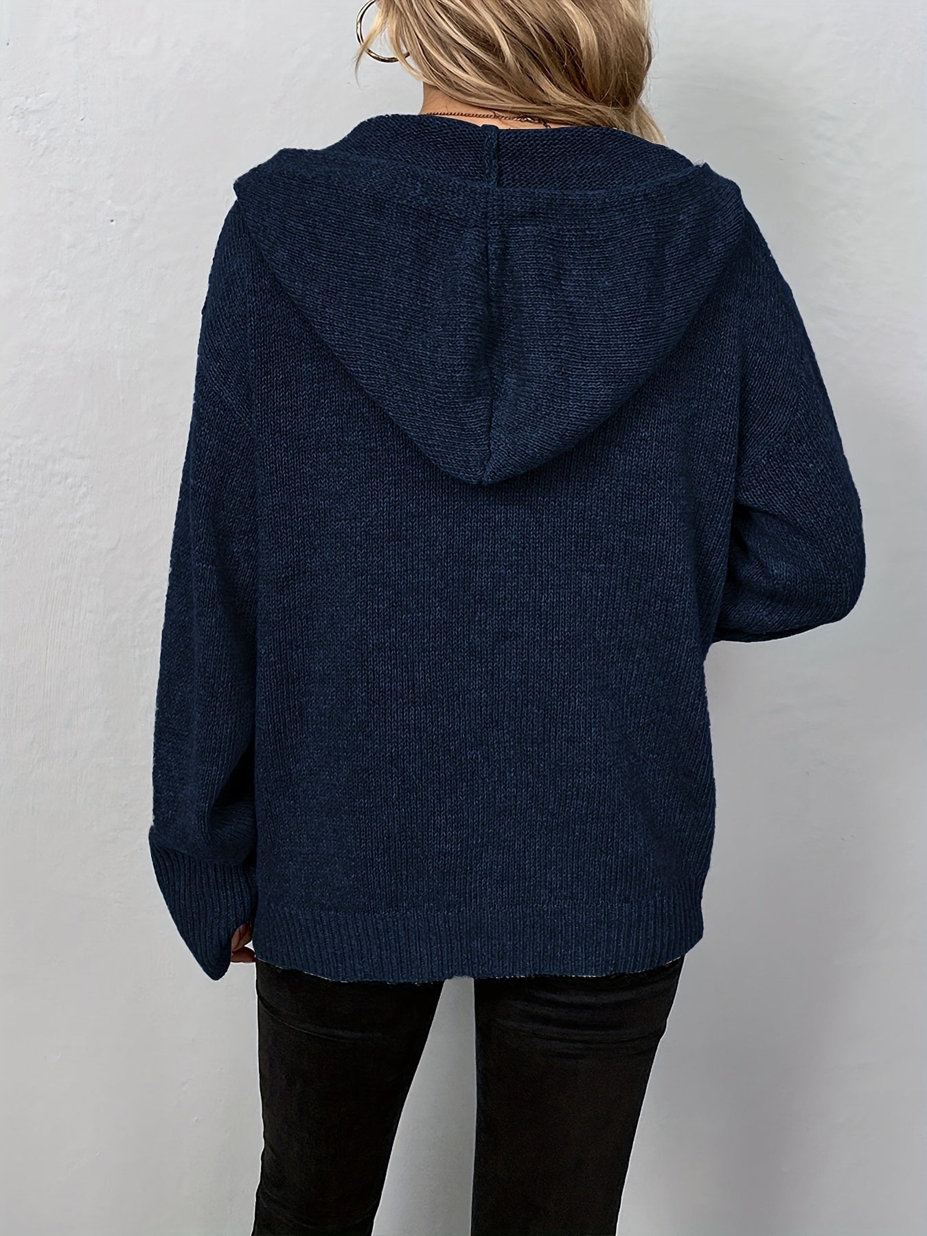 Antmvs Button Up Drawstring Hooded Cardigan, Causal Solid Long Sleeve Cardigan For Spring & Fall, Women's Clothing