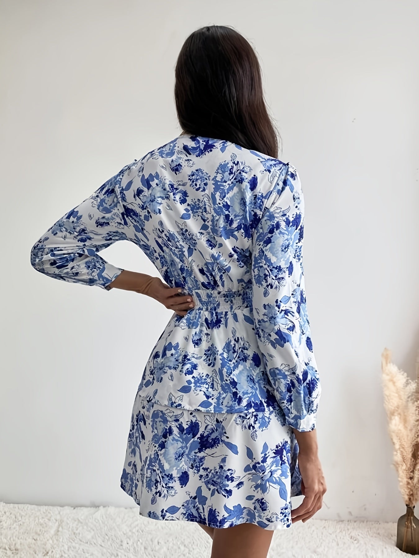 Antmvs Floral Print Shirred Waist Dress, Vintage Layered Hem V-neck Dress For Spring & Fall, Women's Clothing