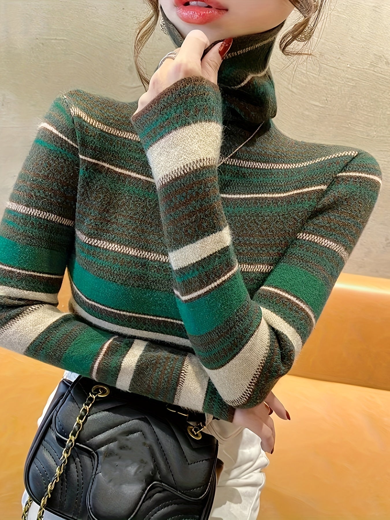 Antmvs Stripes Print Turtle Neck Pullover Sweater, Elegant Long Sleeve Knitted Sweater For Fall & Winter, Women's Clothing
