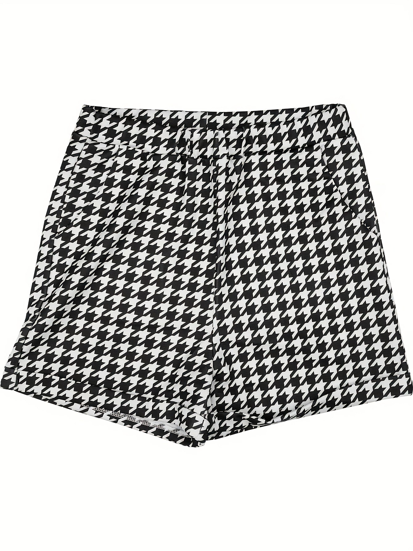 Antmvs Plus Size Elegant Suit Set, Women's Plus Houndstooth Print Long Sleeve Single Breast Button Lapel Collar Suit Coat & Shorts Suit Two Piece Set