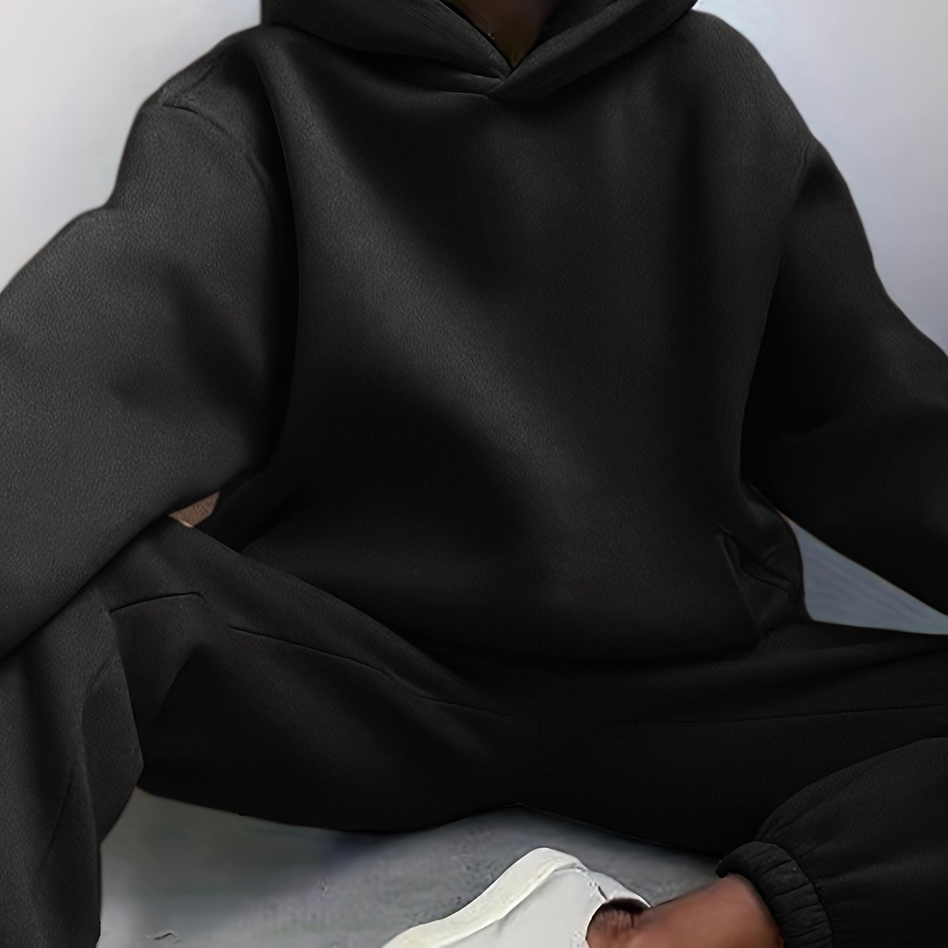 Antmvs Casual Solid Two-piece Set, Drop Shoulder Long Sleeve Hoodies & Elastic Waist Jogger Pants Outfits, Women's Clothing