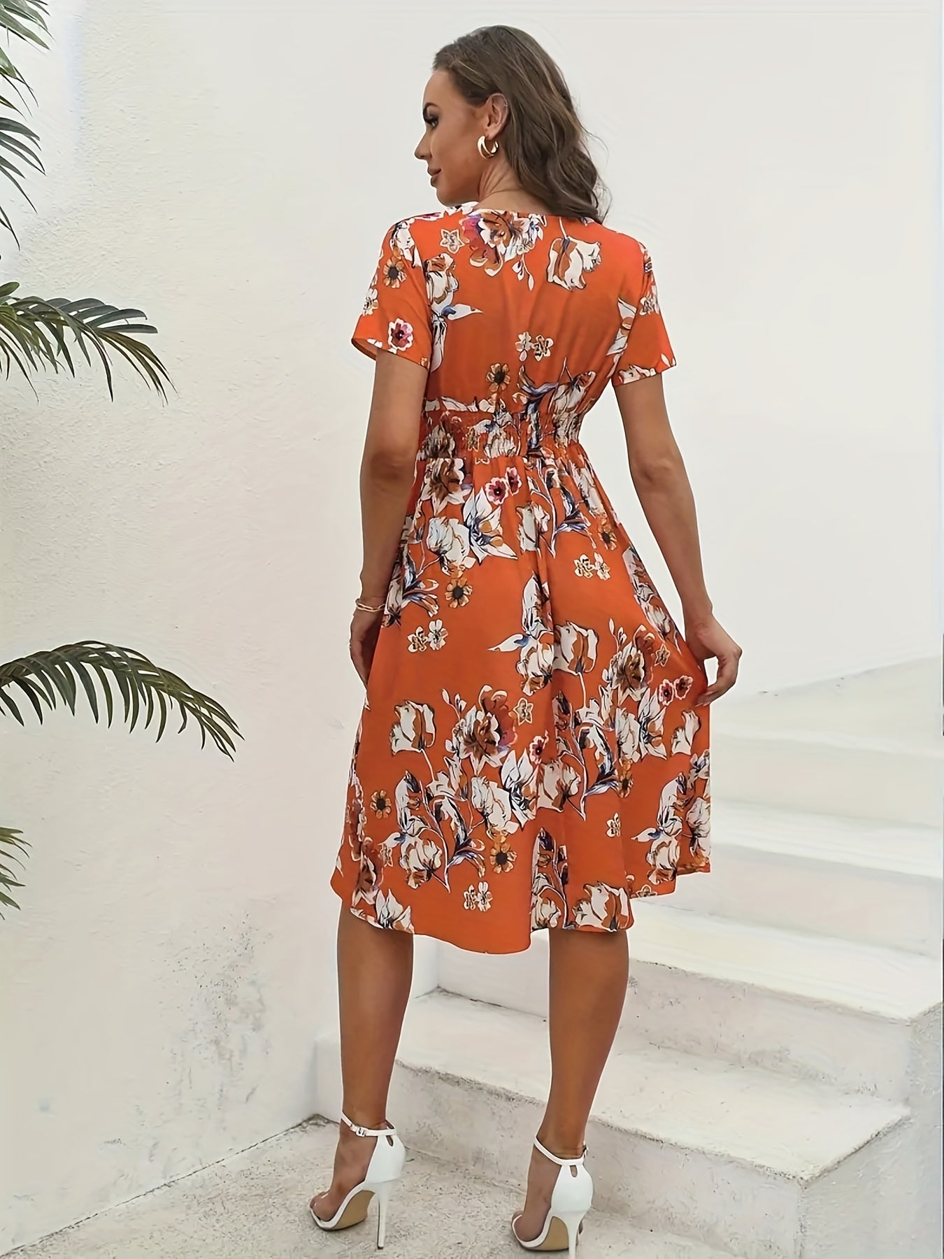 Antmvs Floral Print Surplice Neck Dress, Boho Short Sleeve Shirred Waist Dress, Women's Clothing