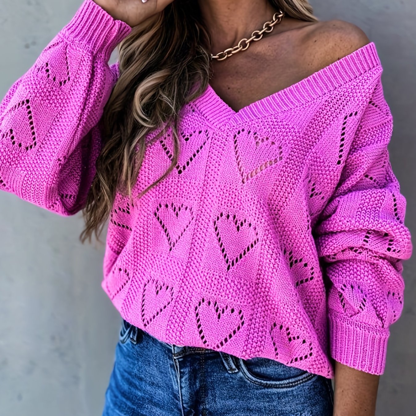 Antmvs Heart Pattern Cut Out V Neck Sweater, Casual Long Sleeve Sweater For Fall & Winter, Women's Clothing