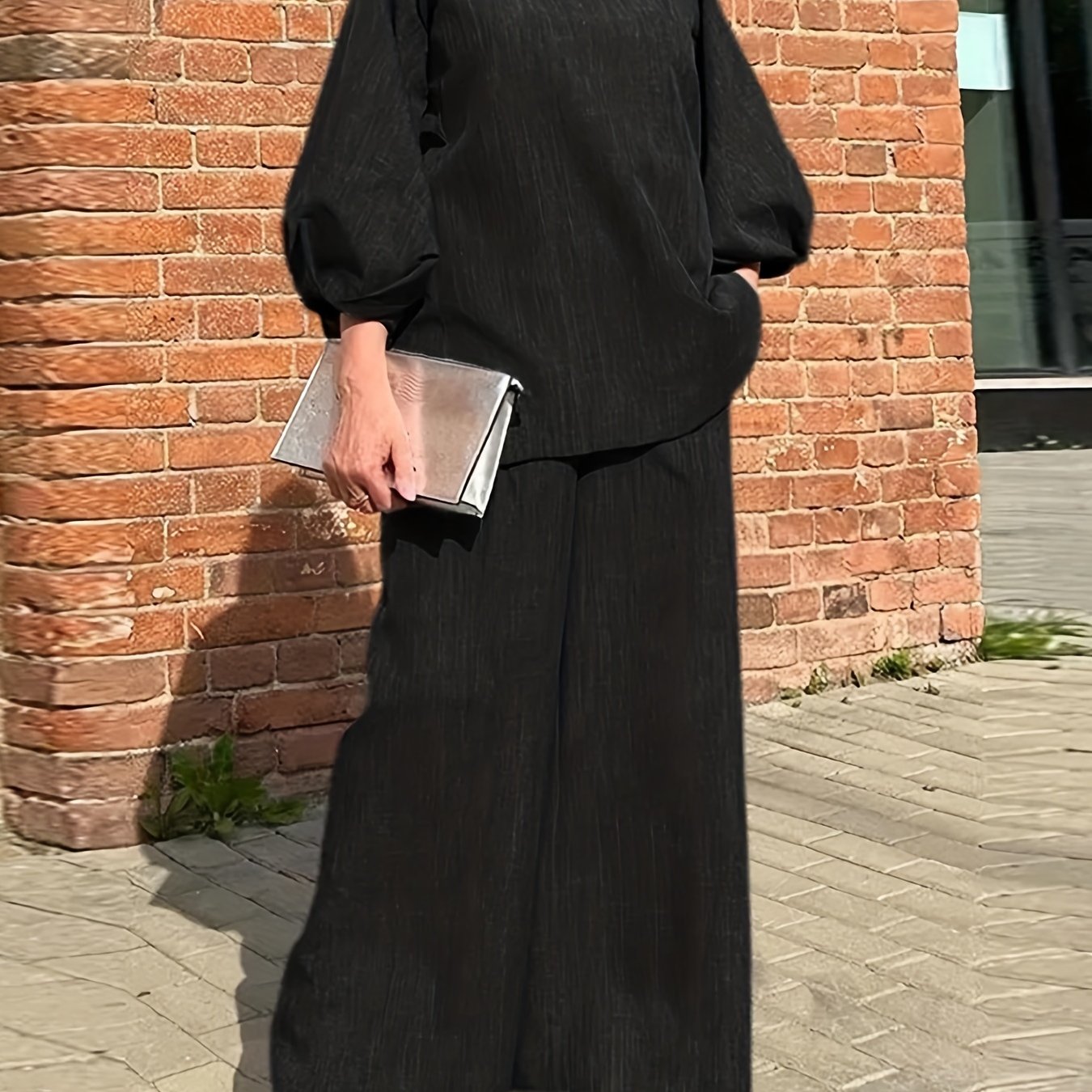 Antmvs Solid Casual Two-piece Set, V Neck Lantern Sleeve Tops & Wide Leg Pants Outfits, Women's Clothing