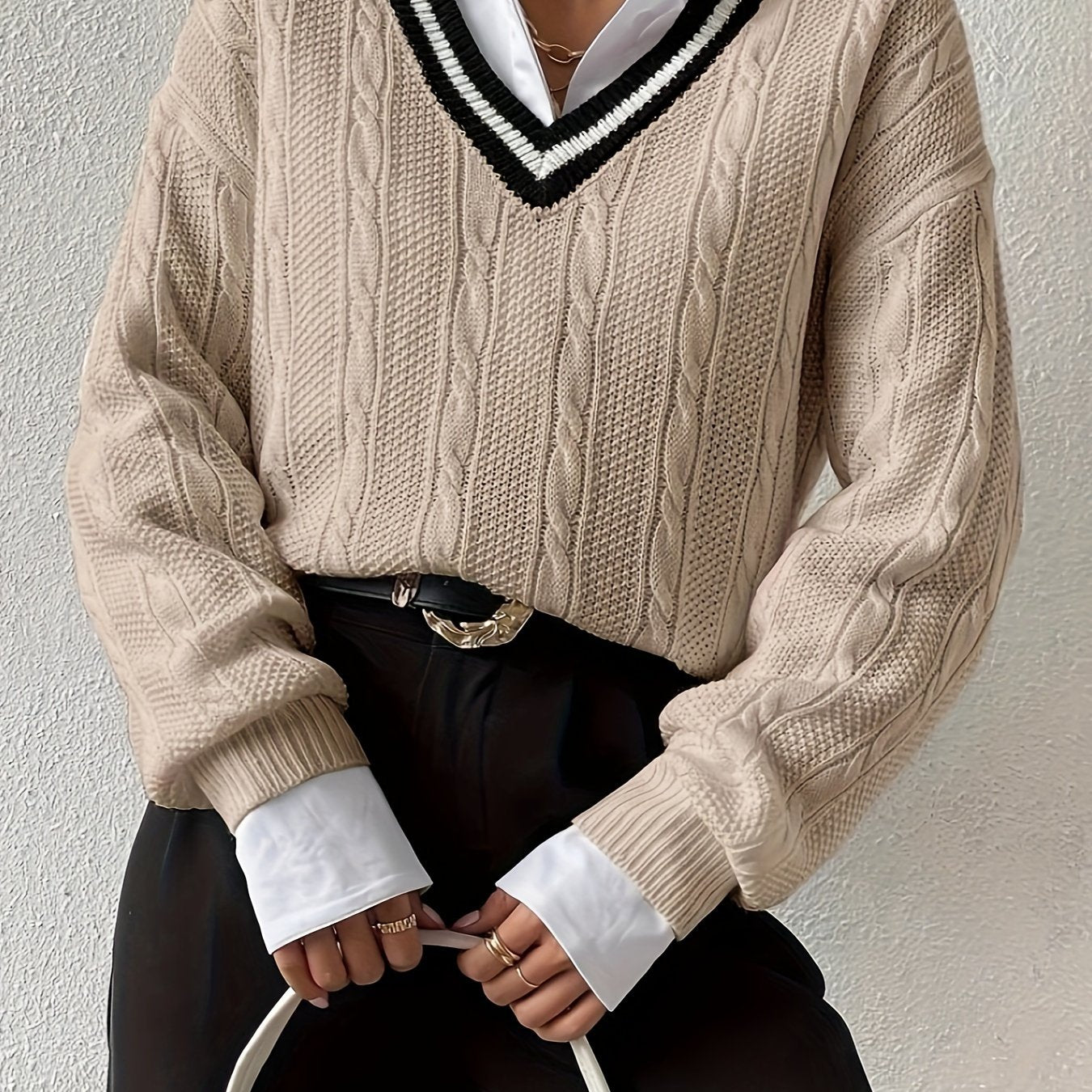 Antmvs V Neck Cable Knit Pullover Sweater, Casual Long Sleeve Drop Shoulder Sweater, Women's Clothing