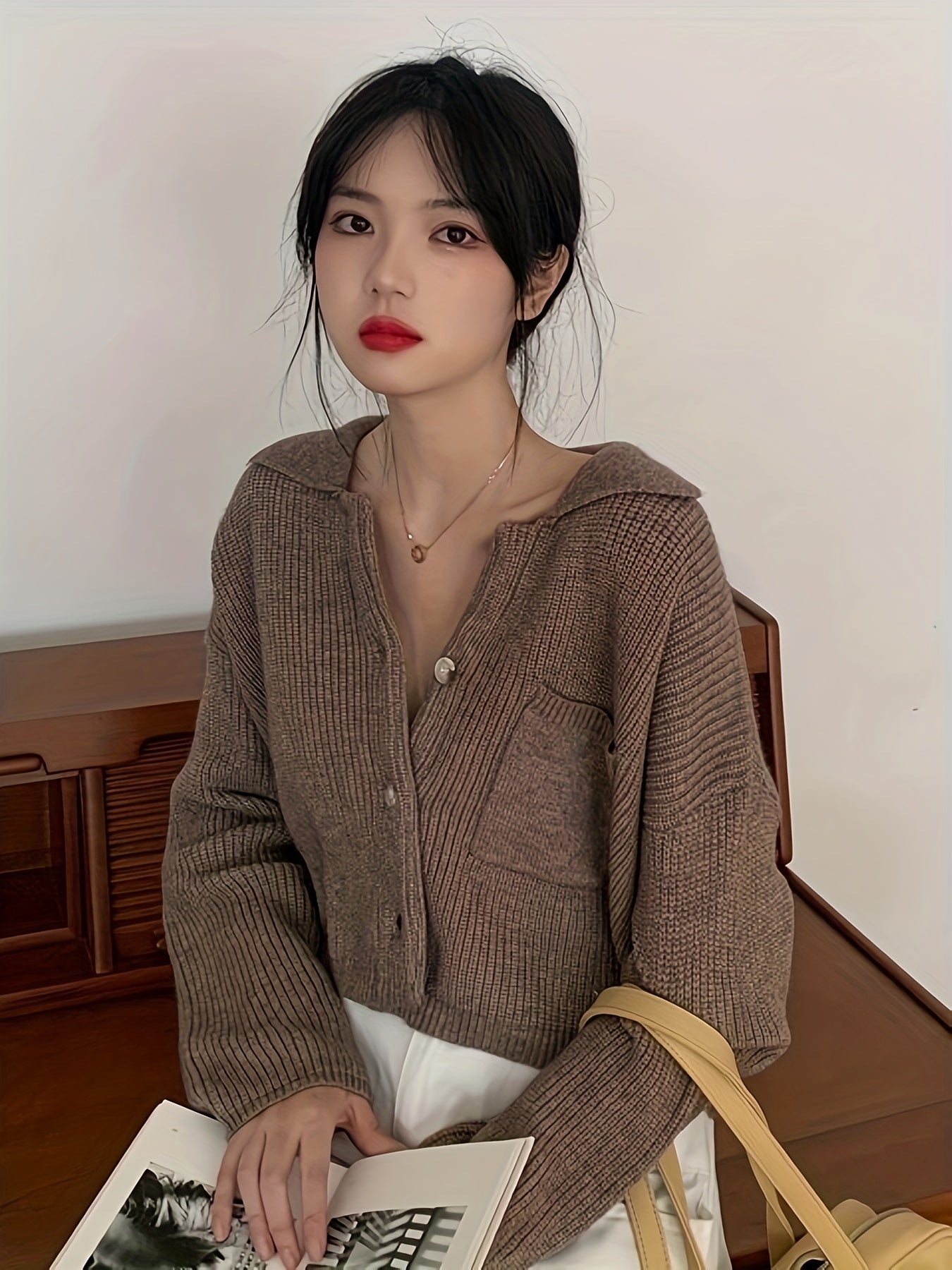 Antmvs Solid Turndown Collar Knit Cardigan, Vintage Button Front Long Sleeve Crop Sweater, Women's Clothing