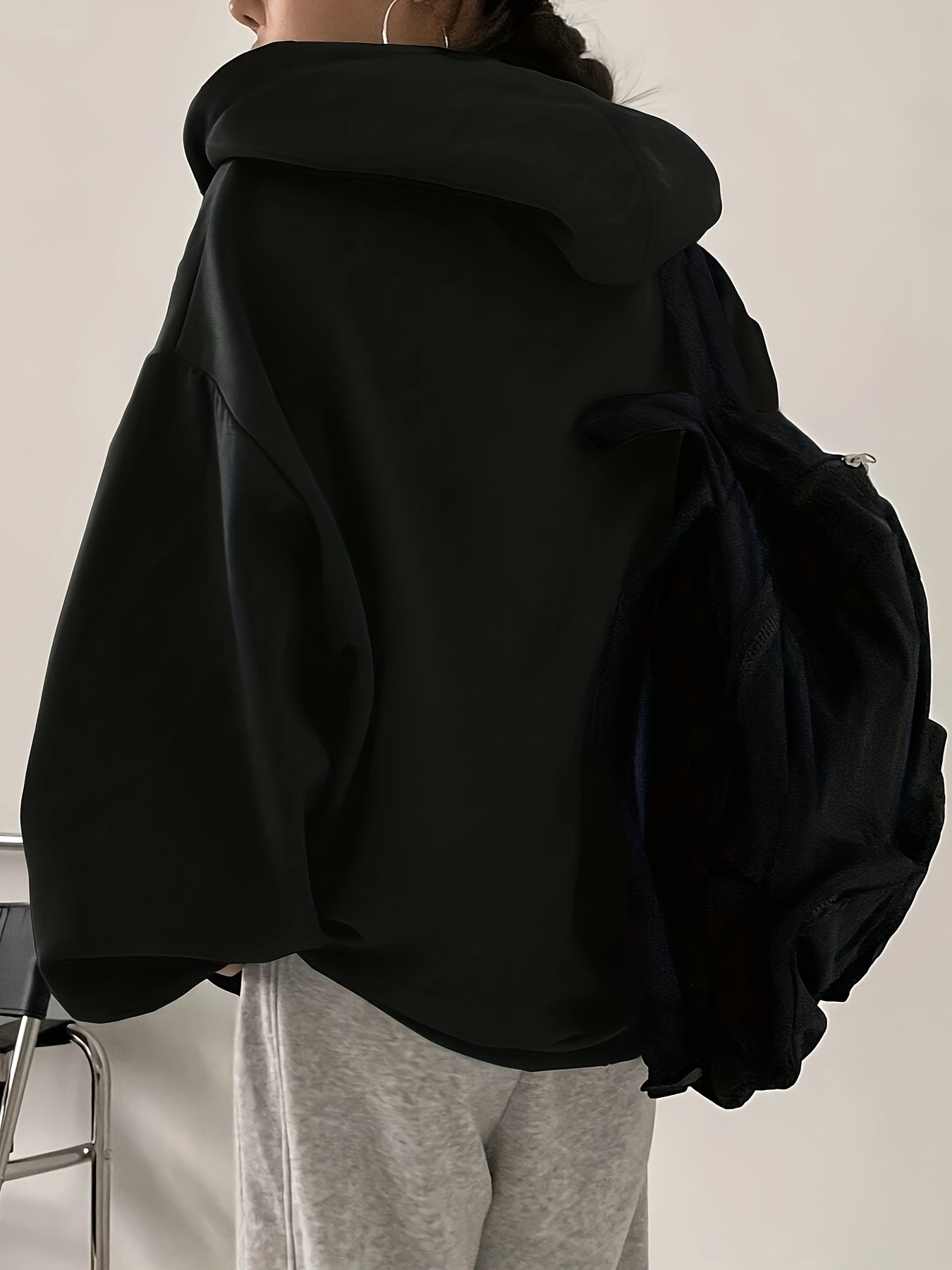 Antmvs Solid Zip Up Oversized Drawstring Hoodie, Casual Long Sleeve Pocket Hoodies Sweatshirt, Women's Clothing