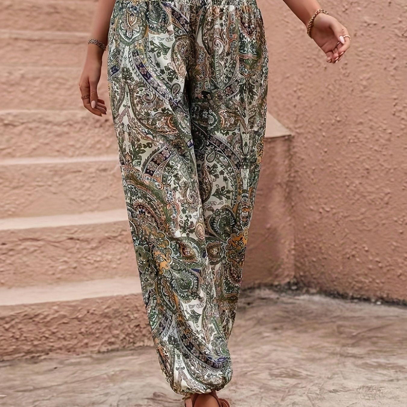 Antmvs Paisley Print Shirred Pants, Boho Long Length High Waist Pants For All Season, Women's Clothing