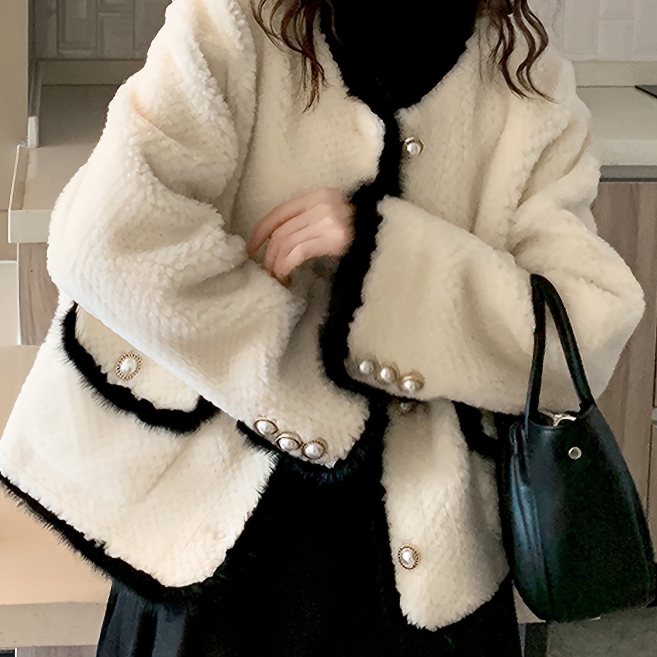 Antmvs Contrast Trim Open Front Outer Top, Elegant Flap Pockets Single Breasted Long Sleeve Coat For Fall & Winter, Women's Clothing