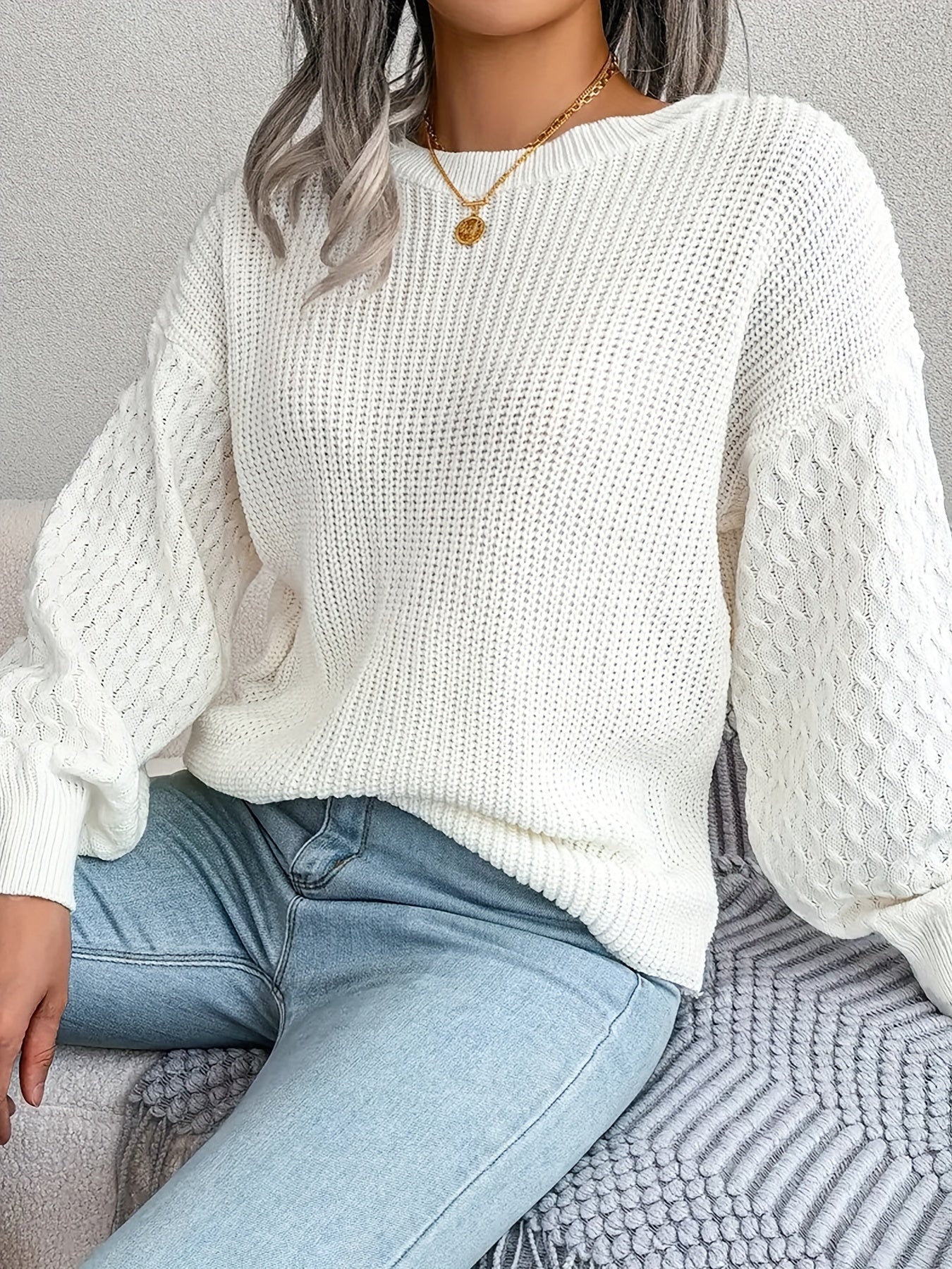 Antmvs Plus Size Casual Sweater, Women's Plus Solid Cable Lantern Sleeve Round Neck Medium Stretch Jumper