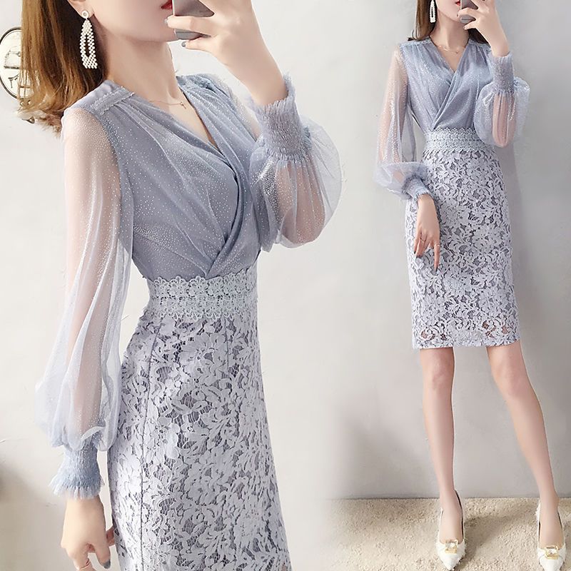 2025 spring clothes new very fairy long-sleeved dress temperament thin mesh lace hip skirt women's clothing