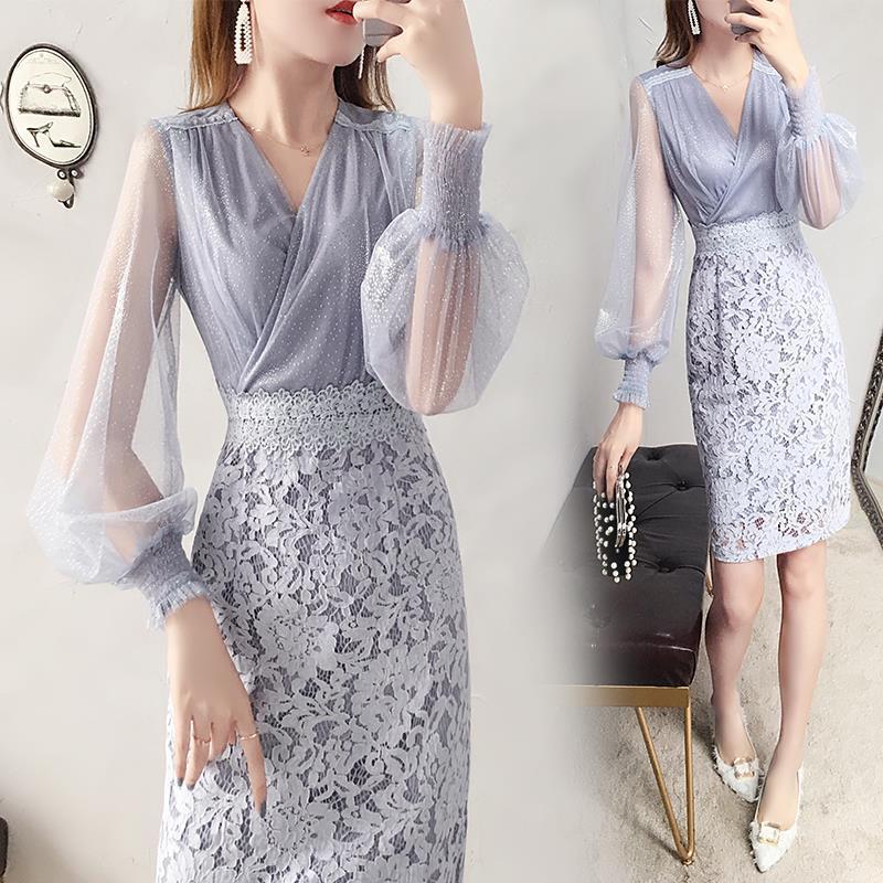 2025 spring clothes new very fairy long-sleeved dress temperament thin mesh lace hip skirt women's clothing
