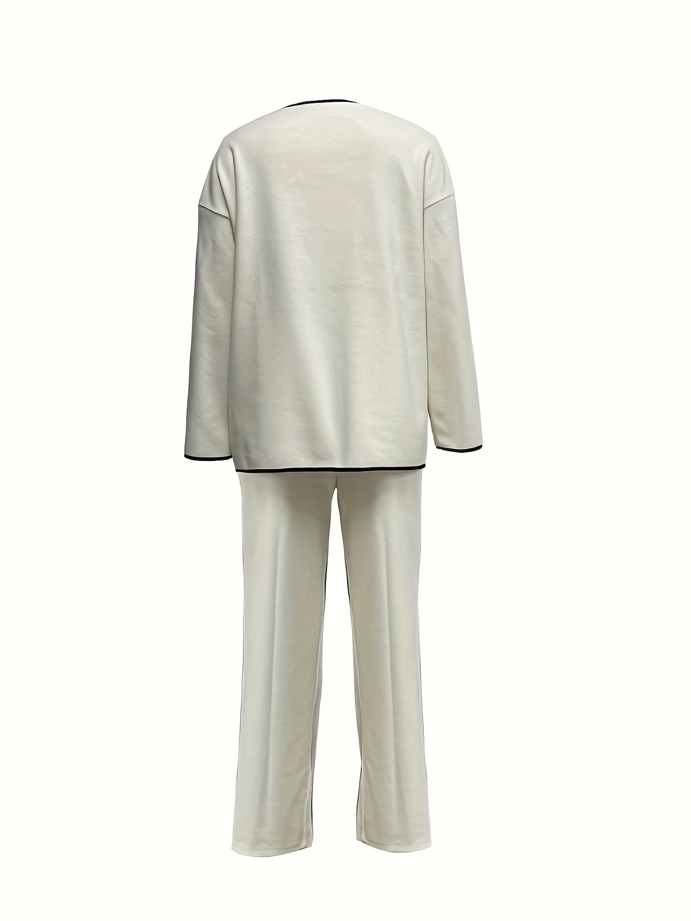 Antmvs Casual Two-piece Set, Contrast Trim Button Front Pocket Cardigan & Straight Leg Pants Outfits, Women's Clothing
