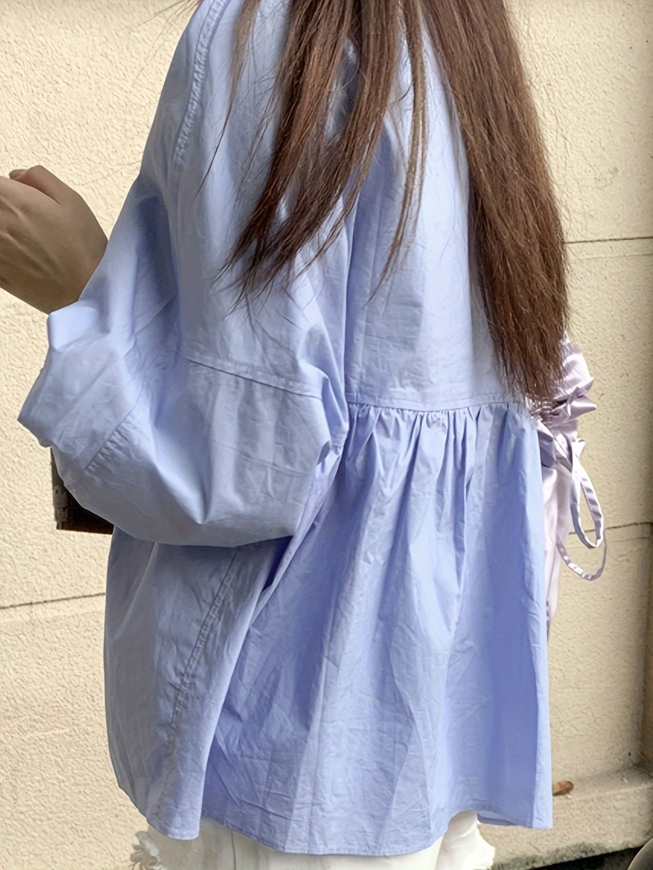 Antmvs Solid Crew Neck Smocked Blouse, Casual Long Sleeve Blouse For Spring & Fall, Women's Clothing