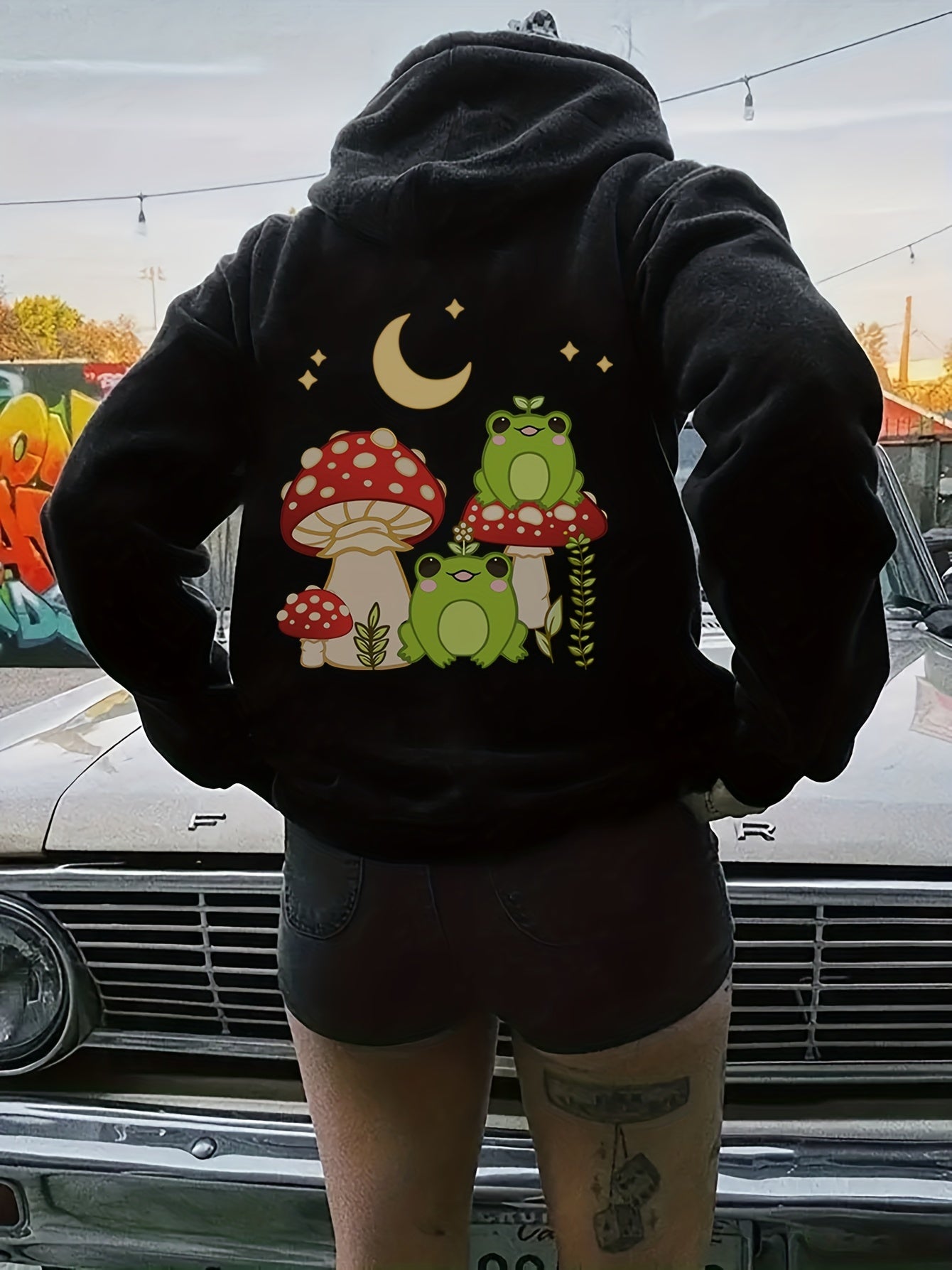 Antmvs Plus Size Casual Sweatshirt, Women's Plus Cute Frog & Mushroom Print Long Sleeve Drawstring Hooded Pullover Sweatshirt With Kangaroo Pockets, Casual Tops For Fall & Winter, Plus Size Women's Clothing