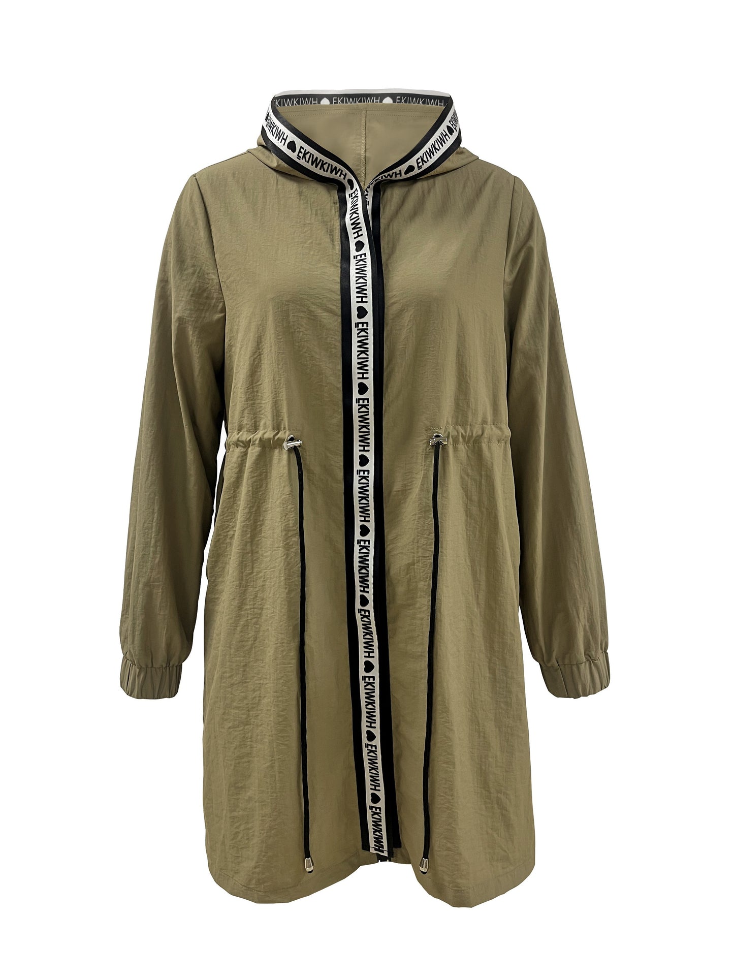 Antmvs Letter Tape Contrast Trim Hoodie Jacket, Casual Drawstring Long Sleeve Coat For Fall & Winter, Women's Clothing