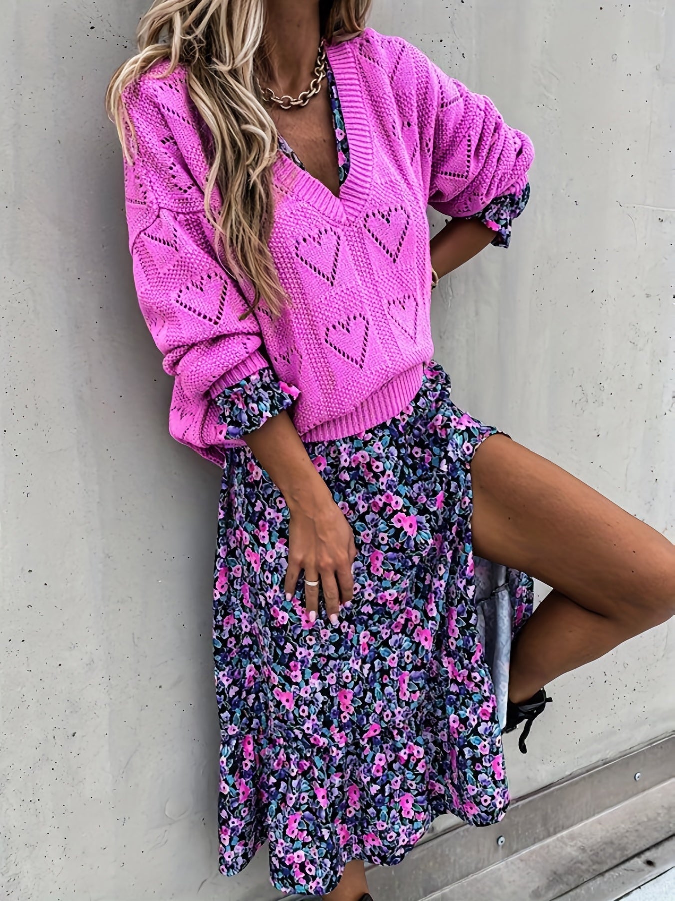 Antmvs Heart Pattern Cut Out V Neck Sweater, Casual Long Sleeve Sweater For Fall & Winter, Women's Clothing