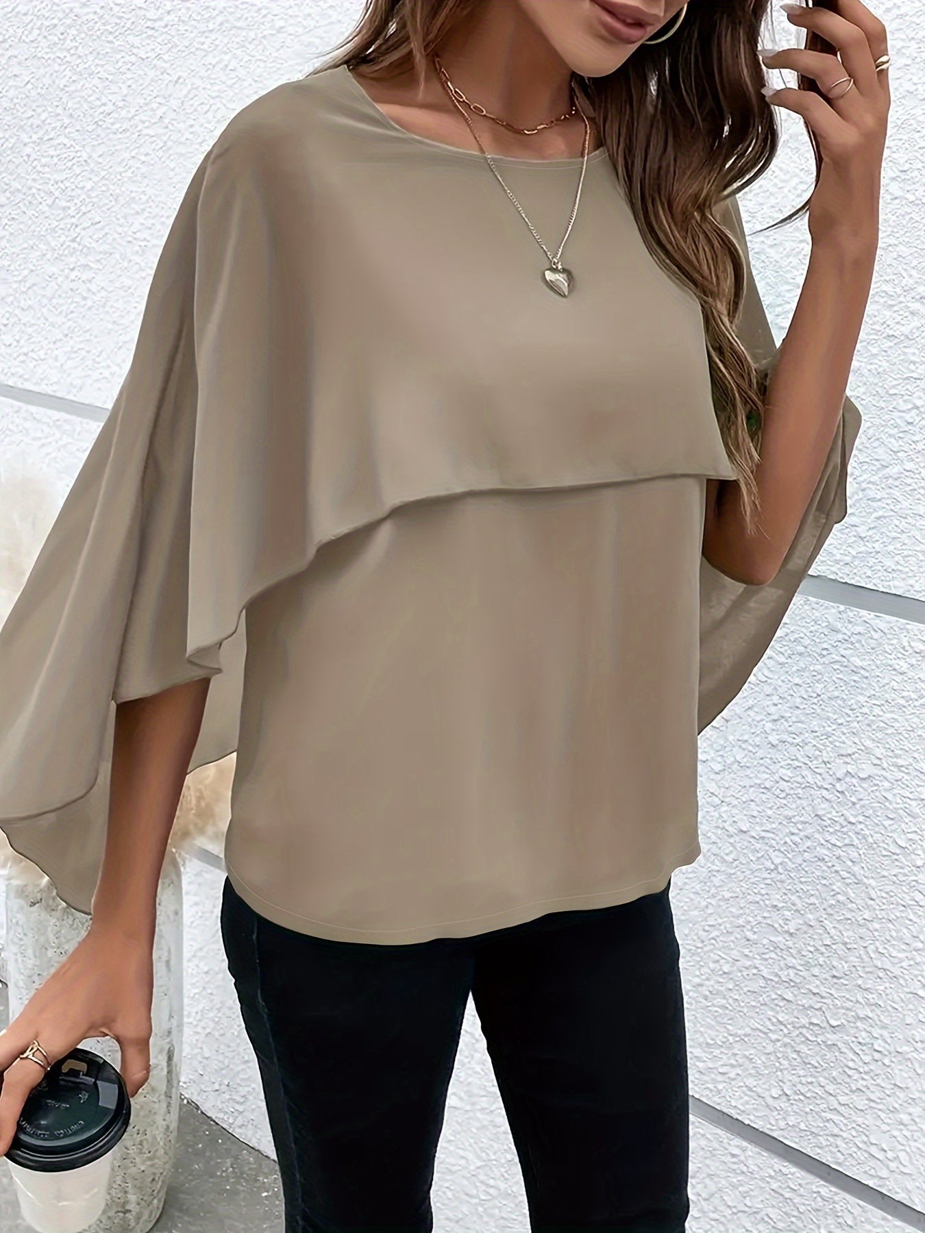 Chic Plus Size Cape Sleeve Blouse - Fashionable Solid Color, Comfortable Crew Neck, Perfect for Spring - Curvy Womens Clothing