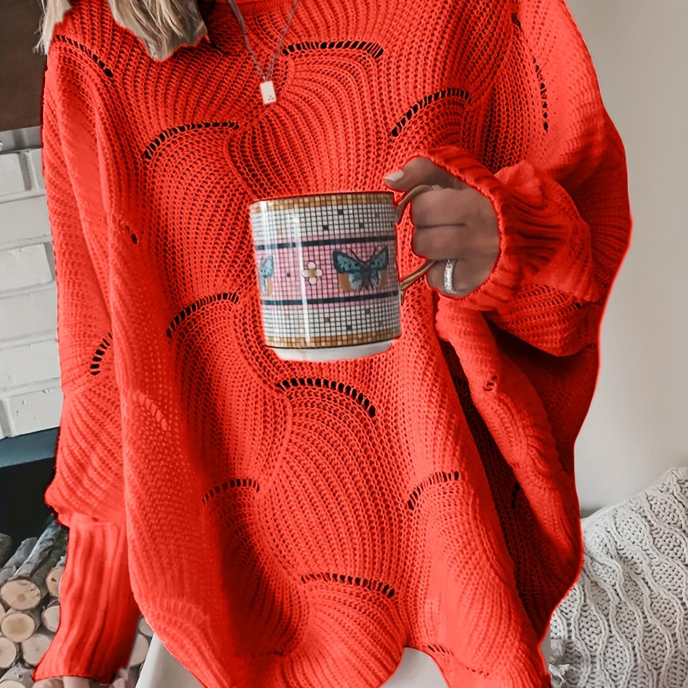 Antmvs Solid Cutout Irregular Hem Knit Sweater, Casual Crew Neck Long Sleeve Pullover Sweater, Women's Clothing