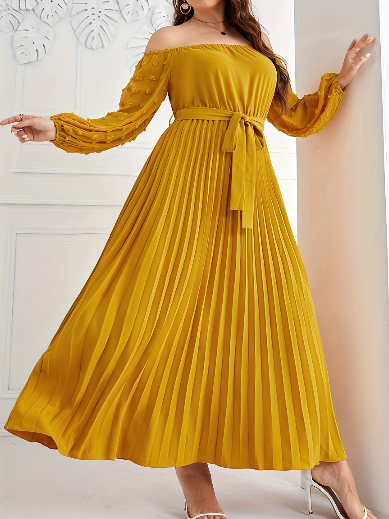 Antmvs Plus Size Casual Dress, Women's Plus Solid Swiss Dot Off Shoulder Lantern Sleeve Slight Stretch Pleated Maxi Dress With Belt