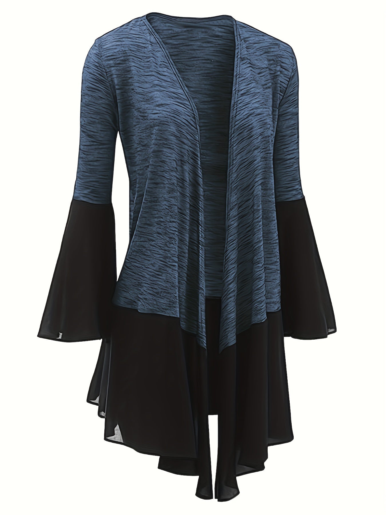 Antmvs Plus Size Elegant Overcoat, Women's Plus Contrast Mesh Bell Sleeve Open Front Slight Stretch Asymmetric Hem Cardigan