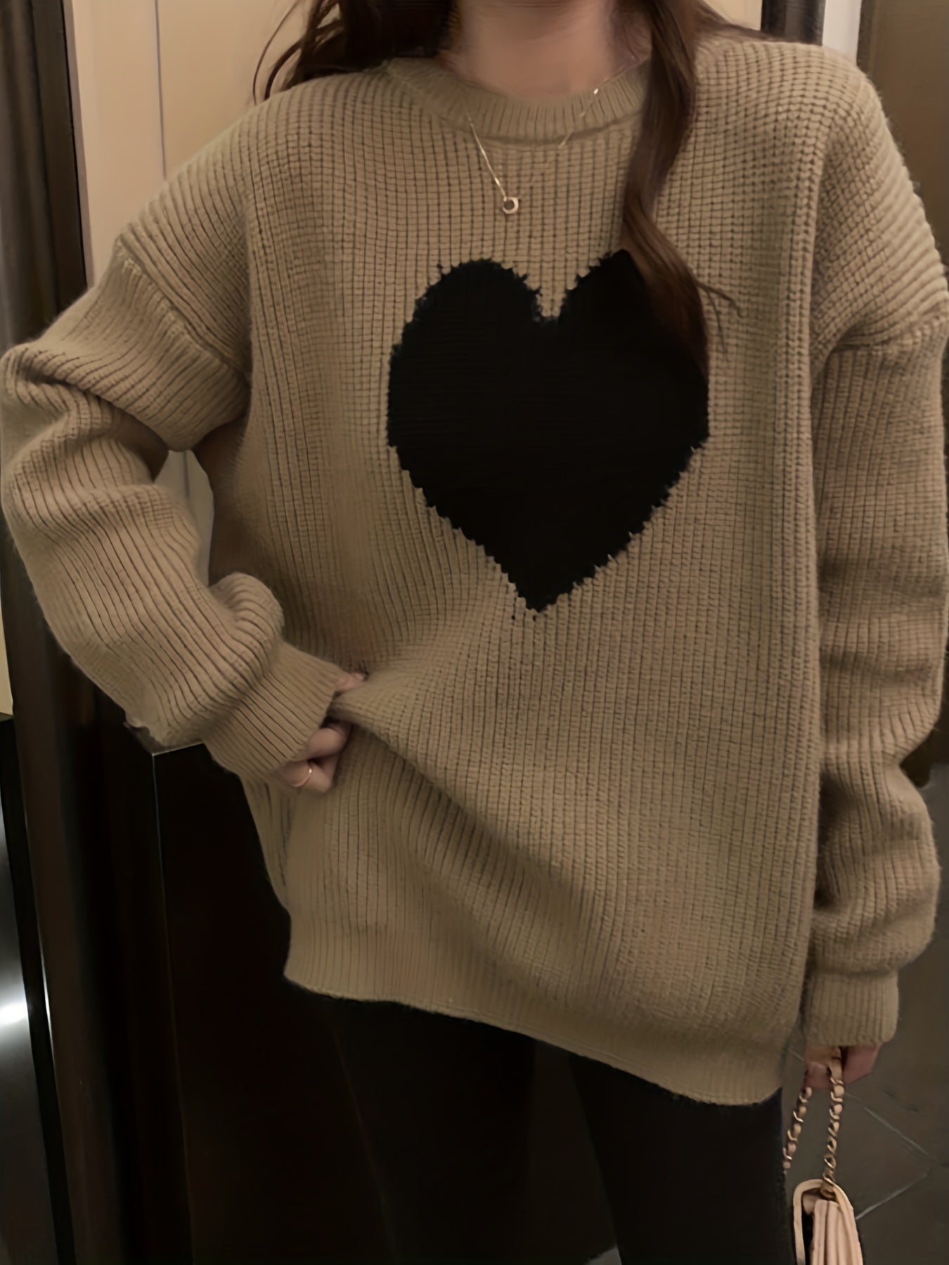 Antmvs Heart Pattern Crew Neck Pullover Sweater, Casual Long Sleeve Drop Shoulder Sweater, Women's Clothing