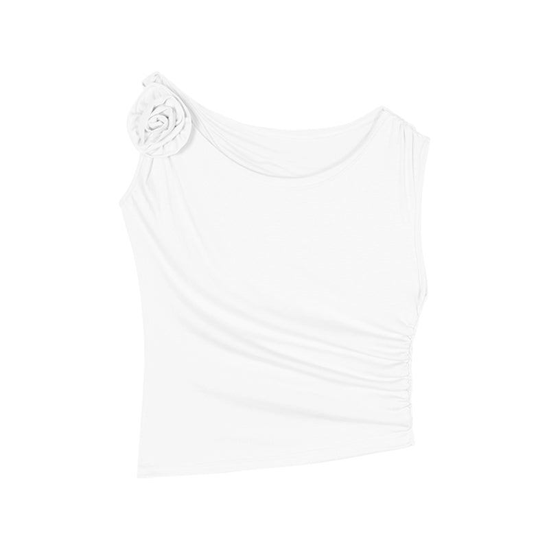 Antmvs Stella Solid Color Three-Dimensional Floral Slanted Off-the-Shoulder Pleated Slim Cropped Top