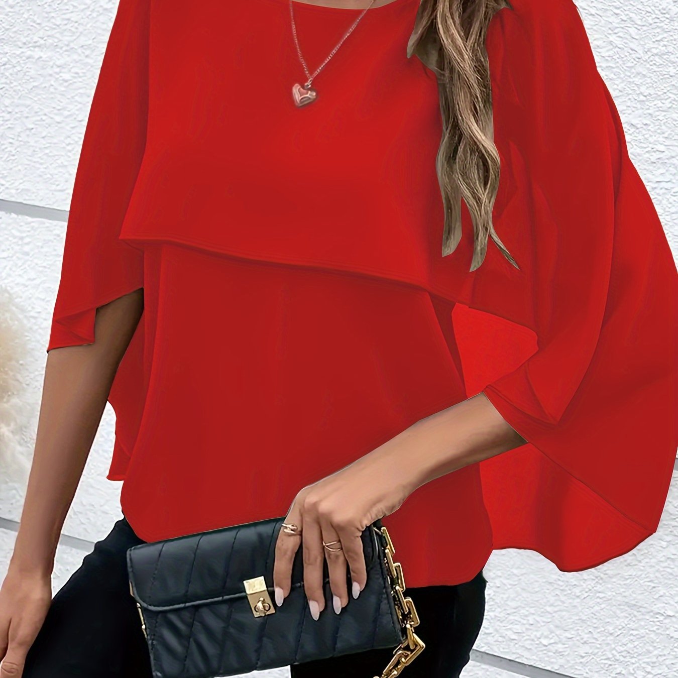 Chic Plus Size Cape Sleeve Blouse - Fashionable Solid Color, Comfortable Crew Neck, Perfect for Spring - Curvy Womens Clothing