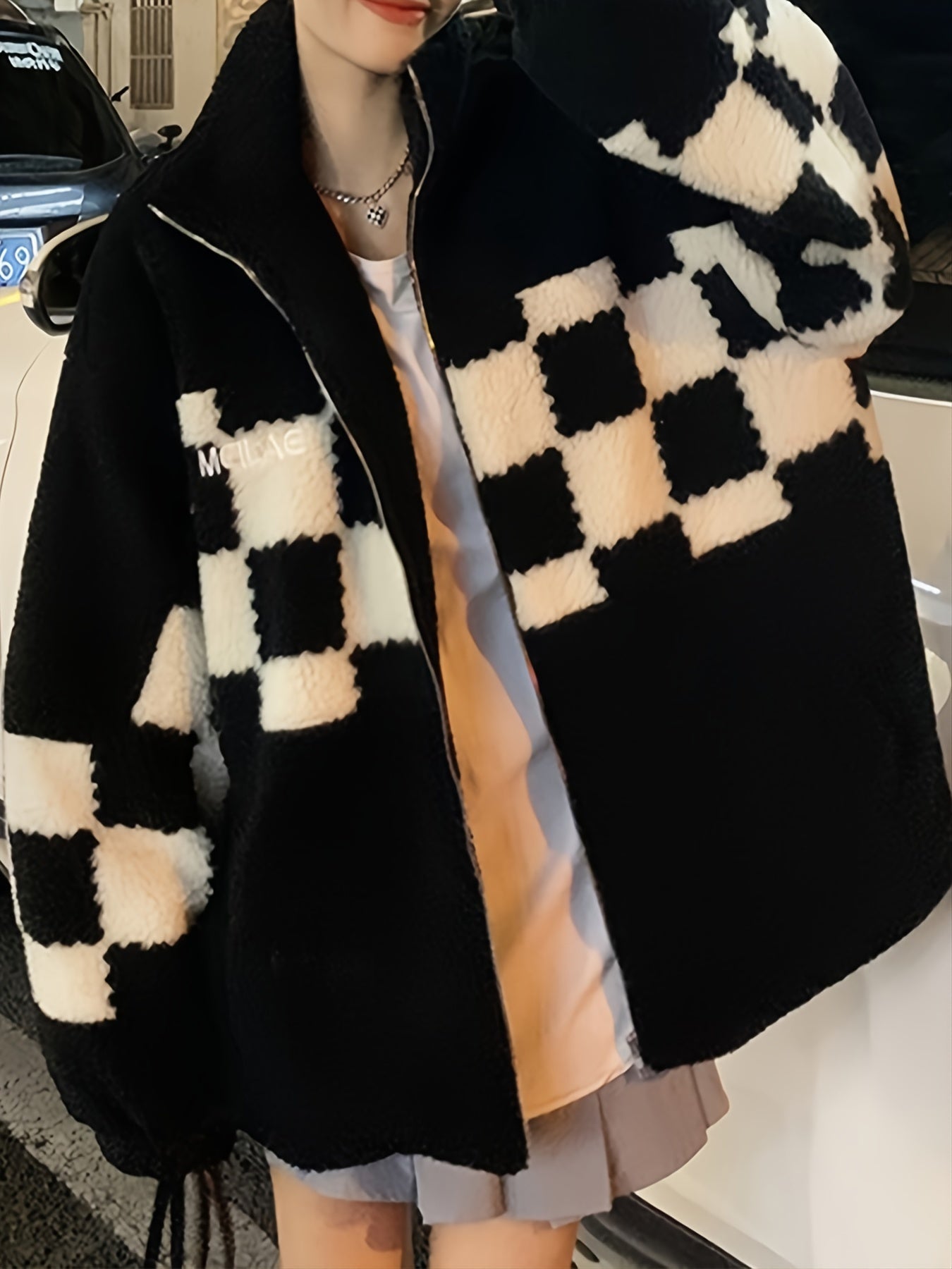 Antmvs Women's Checkered Print Oversized Plush Coat, Casual Winter Jacket For Outdoors, Women's Clothing