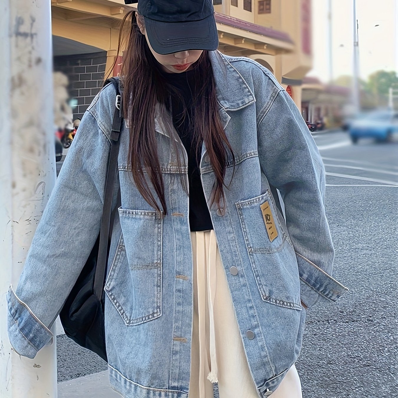 Antmvs Blue Loose Fit Lapel Denim Coat, Long Sleeves Single Breasted Button Denim Jacket, Women's Denim Clothing