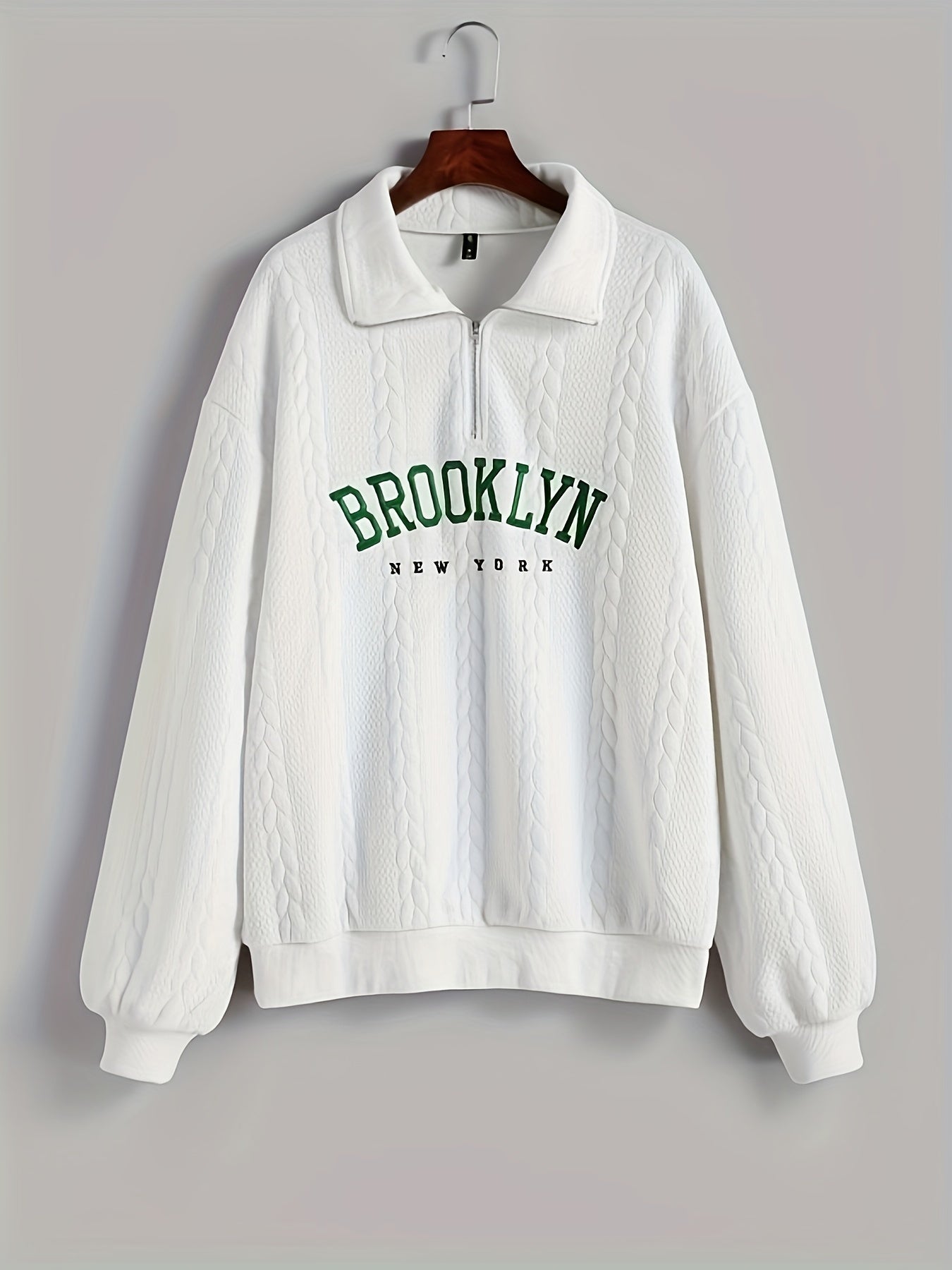 Antmvs Twist Cable Texture Letter Print Sweatshirt, Casual Long Sleeve Half Zip Lapel Sweatshirt For Fall & Winter, Women's Clothing