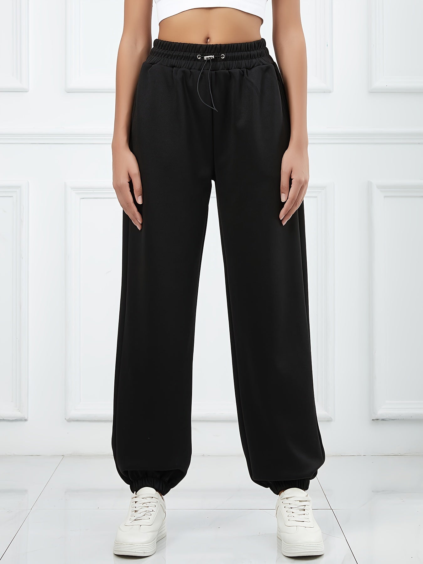 Antmvs Drawstring Elastic Waist Casual Sports Pants With Pocket, Comfortable Solid Color Sweatpants, Women's Athleisure
