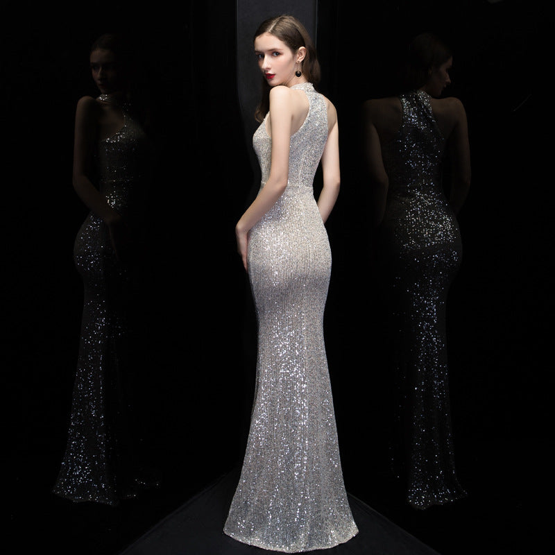 2025 Neck sequined evening dress hollow new temperament host elegant slim and thin model catwalk fishtail skirt