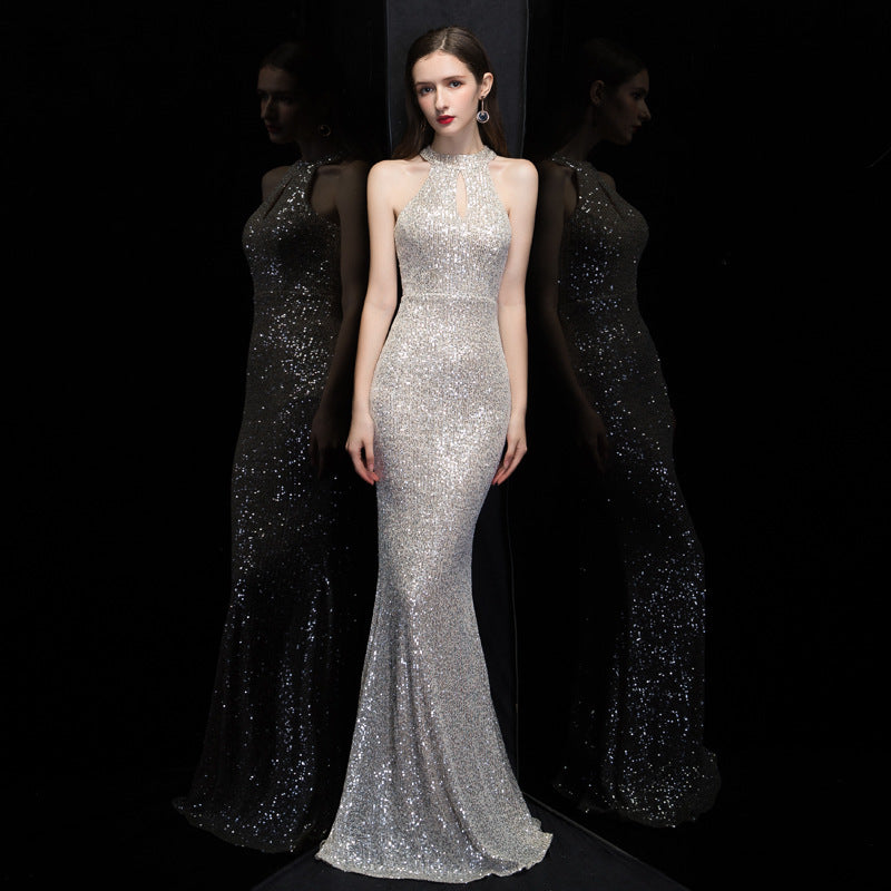 2025 Neck sequined evening dress hollow new temperament host elegant slim and thin model catwalk fishtail skirt